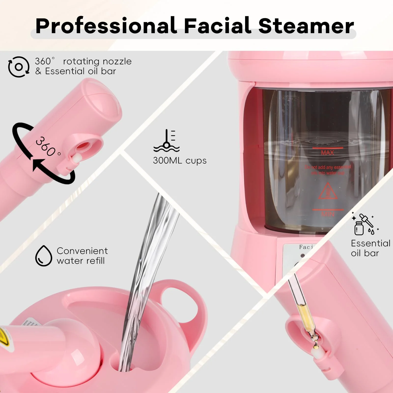 Facial Steamer Nano Ionic Face Steamer with Extendable Arm, Portable Face Steamer for Facial Deep Cleaning, Steamer for Facial for Personal Care at Home or Salon（Pink） - Image 6