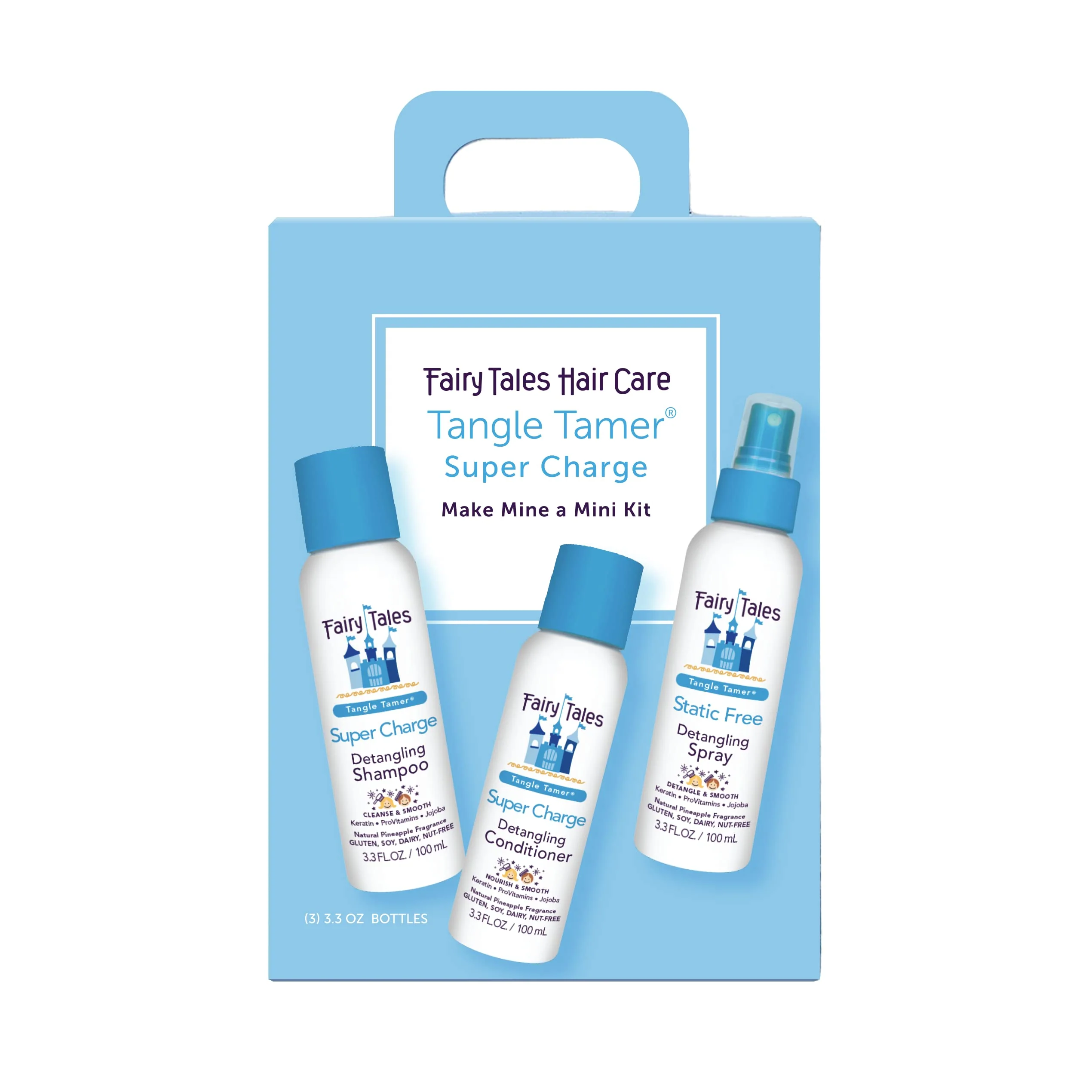 Fairy Tales Tangle Tamer Super Charge Detangling Shampoo, Conditioner, and Spray for Kids - Travel Kit - Paraben Free, Sulfate Free, Gluten Free, Nut Free - 3.3 oz (Pack of 3)