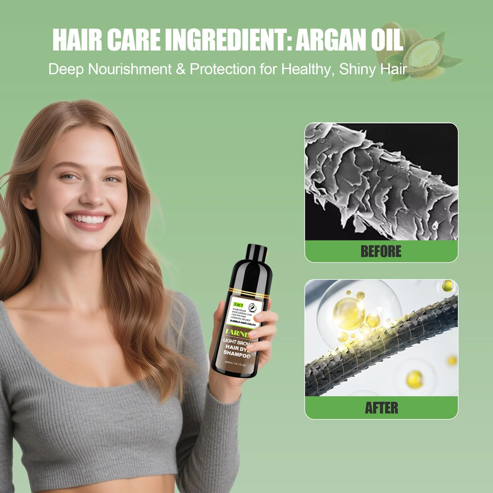 FARNDU Light Brown Hair Dye Shampoo 3 in 1 with Argan Oil – 10-15 Min Gray Coverage, Natural Instant Hair Color Shampoo for Women and Men, Ammonia & Paraben Free, Long-Lasting Up to 6 Months - Image 6