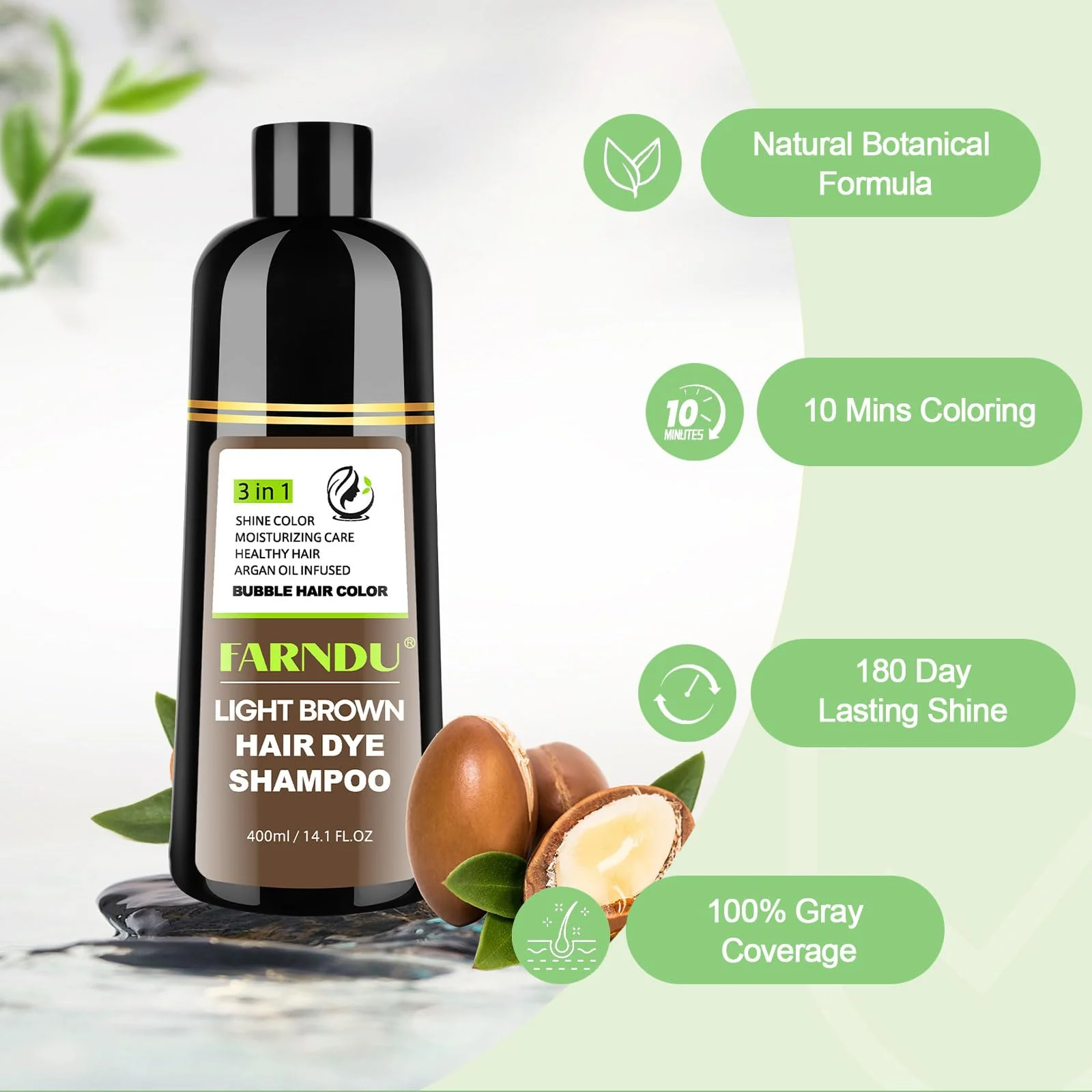 FARNDU Light Brown Hair Dye Shampoo 3 in 1 with Argan Oil – 10-15 Min Gray Coverage, Natural Instant Hair Color Shampoo for Women and Men, Ammonia & Paraben Free, Long-Lasting Up to 6 Months - Image 7