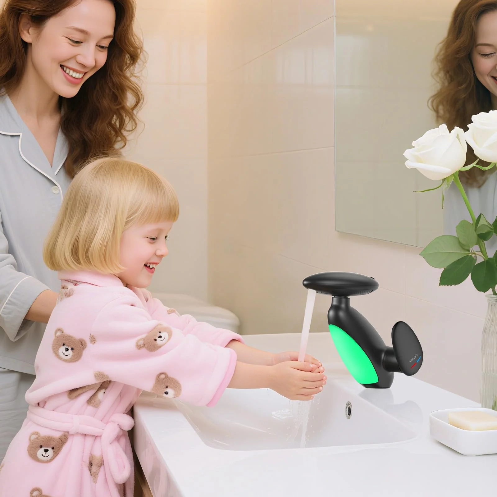 Faucet - Batteryless LED Light Temperature Display, 4 Modes (Waterfall/Rinsing/Shampoo/Bubble), 360° Pull-Out Spray for Pet & Sink Cleaning, Zinc Alloy Bathroom Faucet(Black) - Image 2