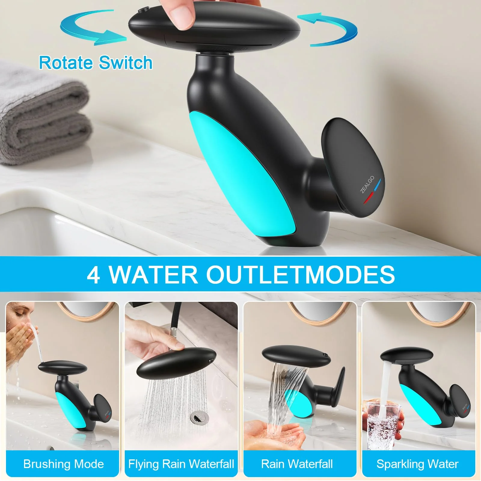 Faucet - Batteryless LED Light Temperature Display, 4 Modes (Waterfall/Rinsing/Shampoo/Bubble), 360° Pull-Out Spray for Pet & Sink Cleaning, Zinc Alloy Bathroom Faucet(Black) - Image 4