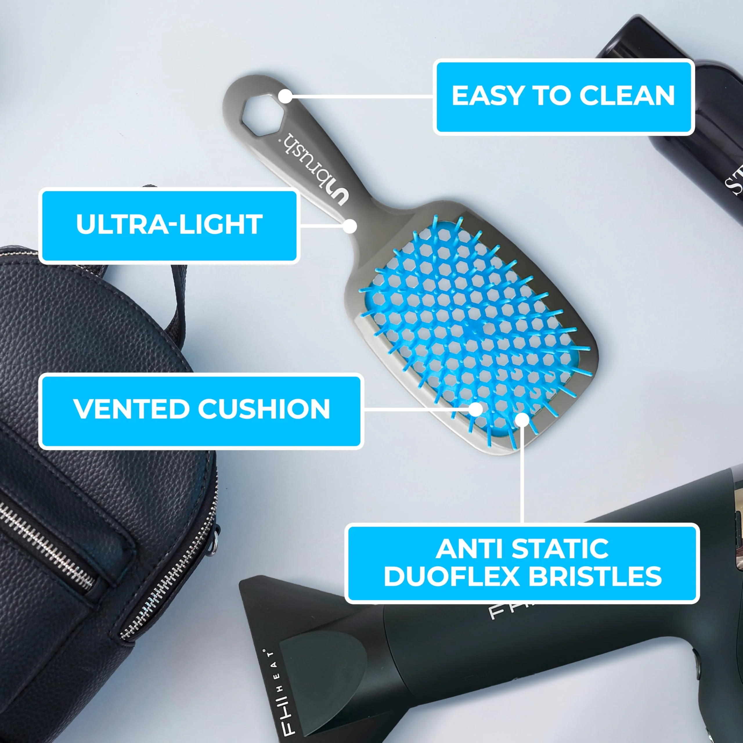 FHI Heat UNbrush Detangling Brush for Pain-Free Brushing on All Wet or Dry Hair Types — Durable DuoFlex Anti-Static Bristles, Lightweight Handle, Vented Hair Brush, Light Blue/Grey - Image 6