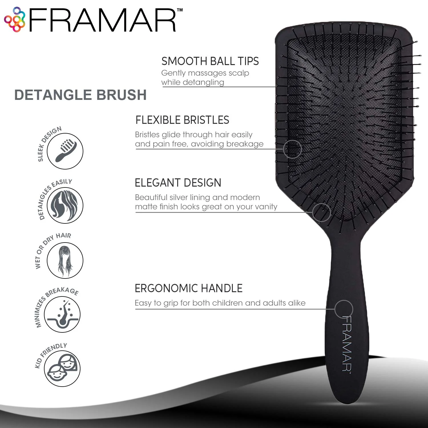 FRAMAR Black Paddle Hair Brush For Women – Wet Paddle Brush Detangler For Thick Hair Brushes For Women, Hairbrush – Reduces Breakage - Image 3