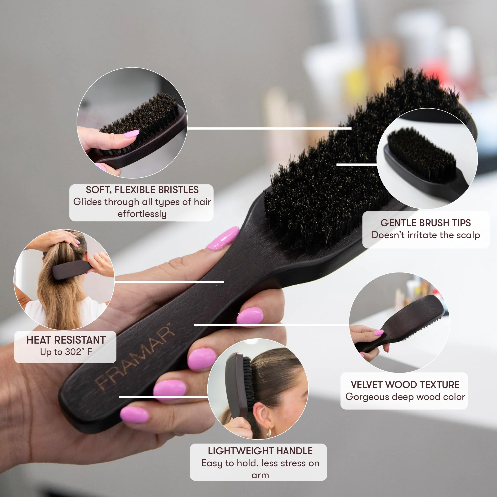 FRAMAR Slick Back Hair Brush Boar Bristles – Slick Back Brush, Smoothing Hair Brush For Women, Boar Bristle Hair Brush For Fine Hair, Slickback Brush For Volume and Shine - Brown Velvet - Image 3