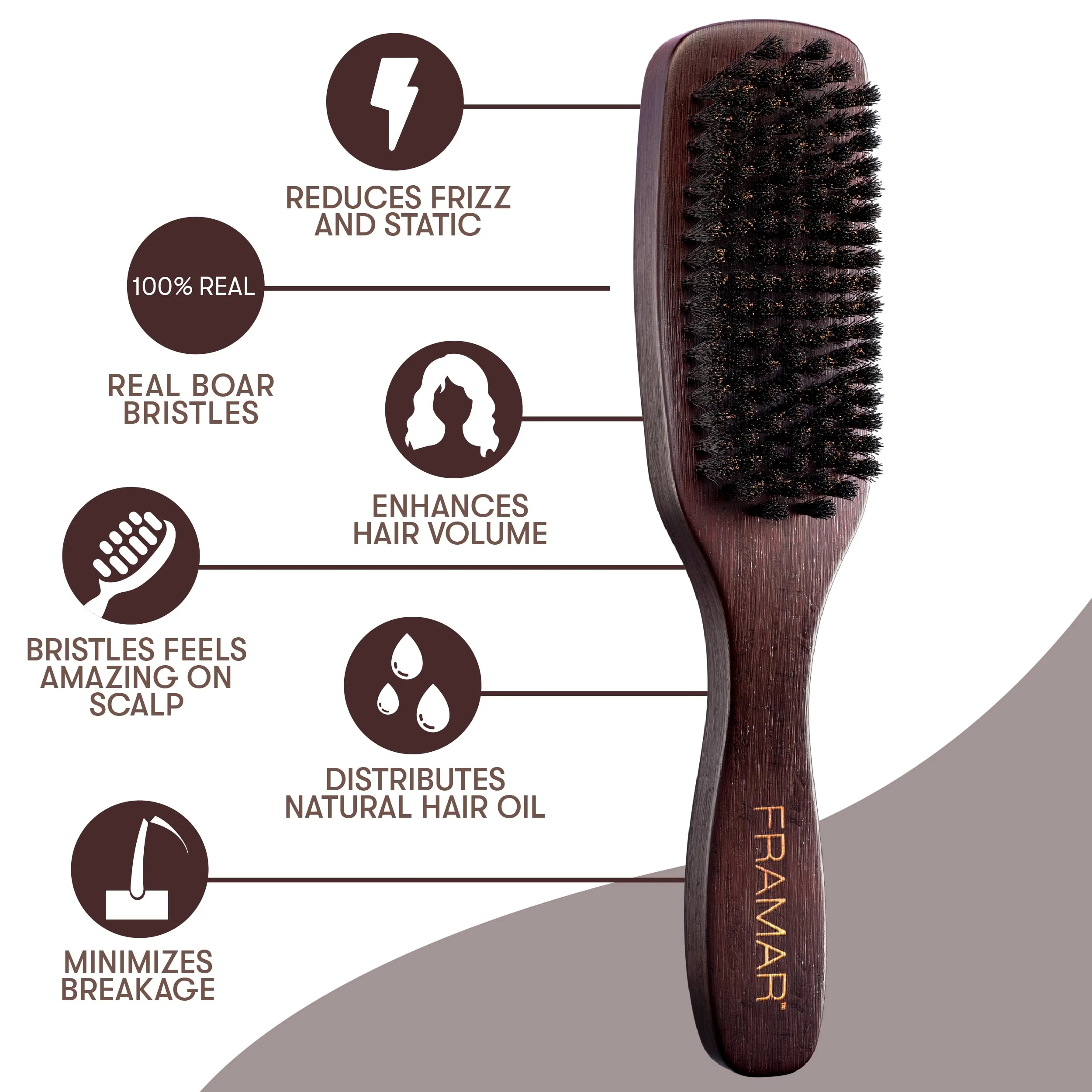 FRAMAR Slick Back Hair Brush Boar Bristles – Slick Back Brush, Smoothing Hair Brush For Women, Boar Bristle Hair Brush For Fine Hair, Slickback Brush For Volume and Shine - Brown Velvet - Image 6