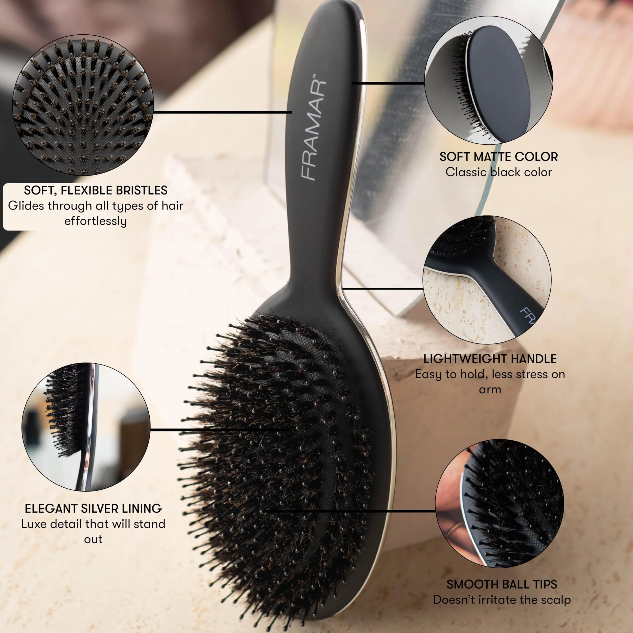 FRAMAR Soft Boar Bristle Hair Brush For Women – Boars Hair Brush For Women, Boar Brush For Fine Hair, Hairbrush For Fine Hair, Soft Bristle Brush For Slick Back, Volume and Shine - Black - Image 2
