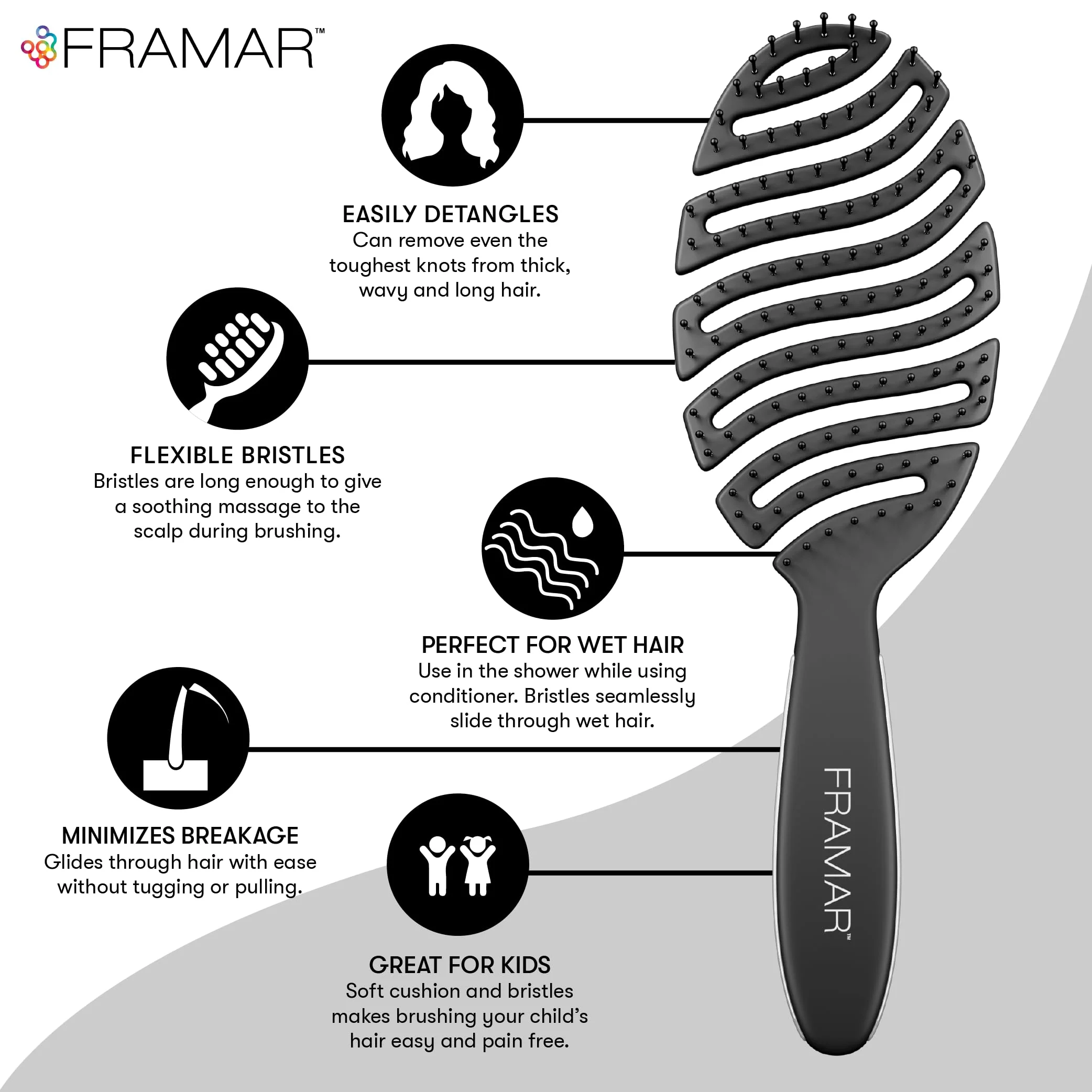 FRAMAR Vented Hair Brush For Women – Flex Brush, Wet Hair Brush Detangler, Wet Hairbrush For Women, Detangle Brush, Brushes For Hair, Hairbrushes – Vented Design For Faster Drying Time - Black - Image 2