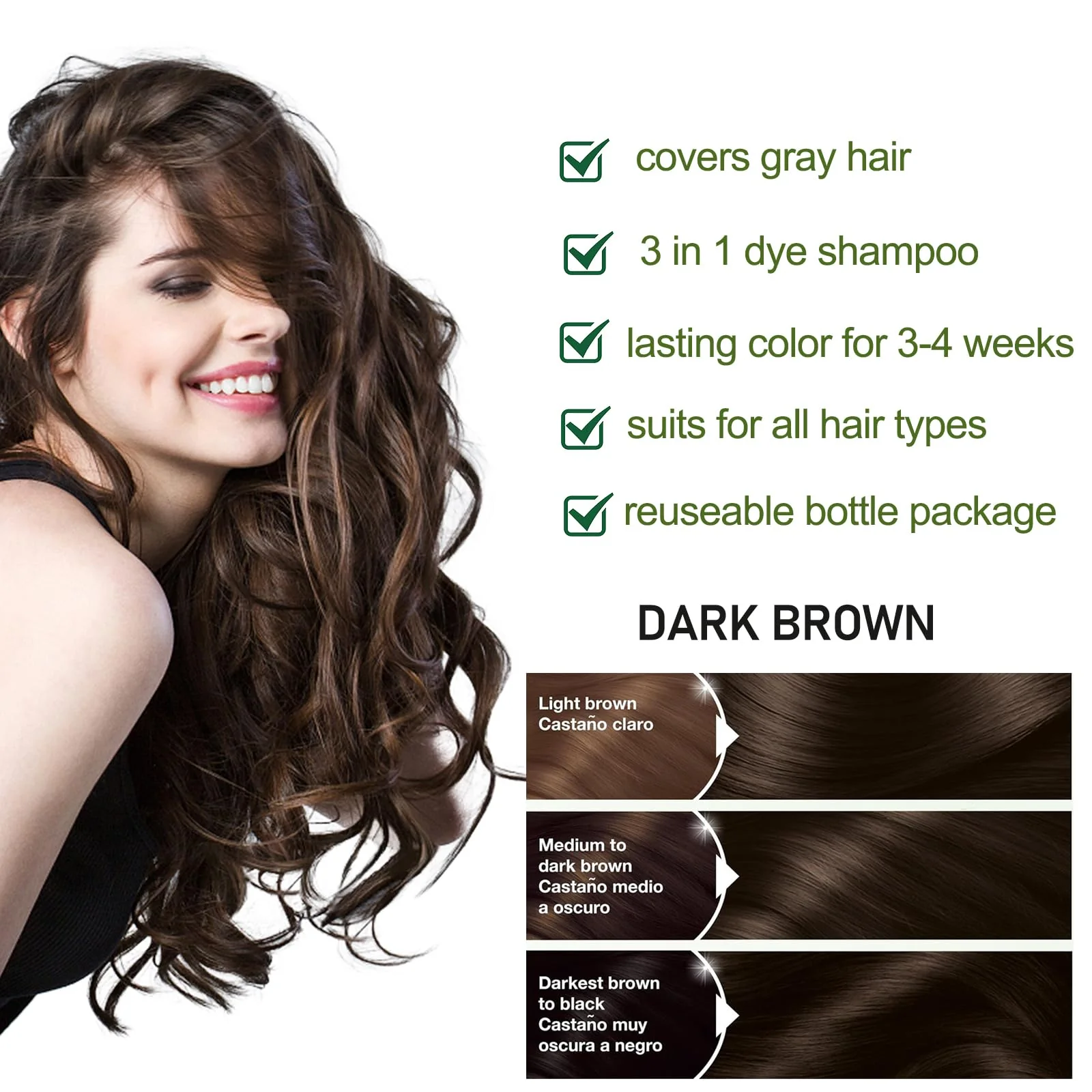 Fvquhvo Natural Instant 3 in 1 Hair Color Dye Shampoo for Gray Hair - Men & Women, Long Lasting Dark Brown - Image 2