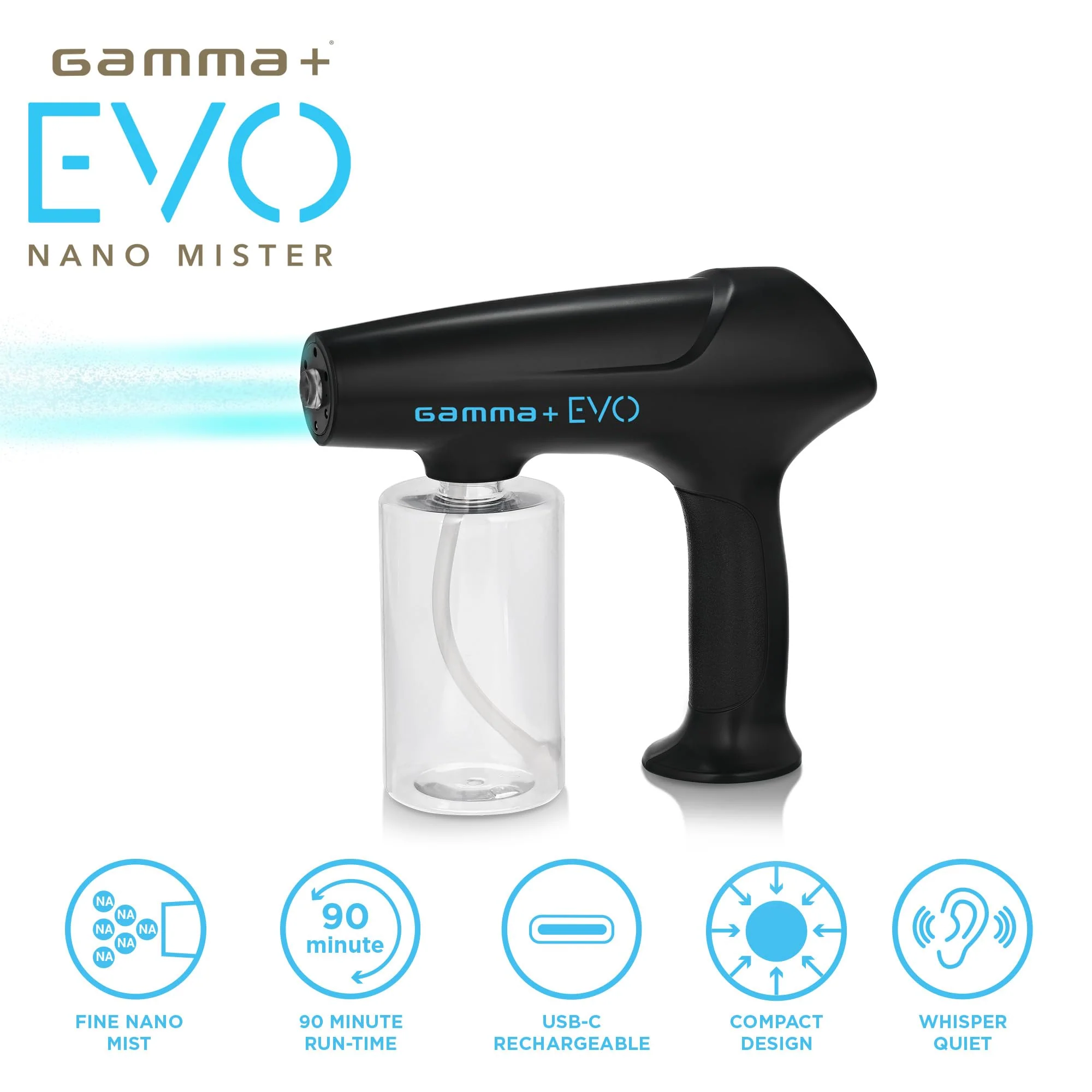 GAMMA+ Evo Nano Mister Cordless Portable Water Sprayer, Disinfect Mist, USB-C Rechargeable for Barber, Salon, Home Use, Black - Image 2