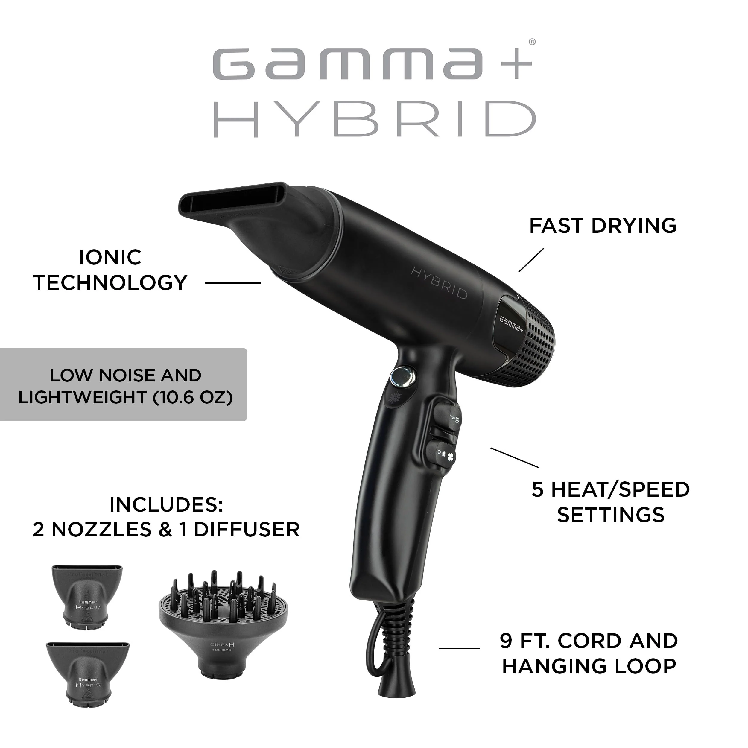 GAMMA+ Hybrid Professional Hair Dryer Lightweight, Ionic Technology, Low Noise with 2 Nozzles and Diffuser (Black) - Image 3