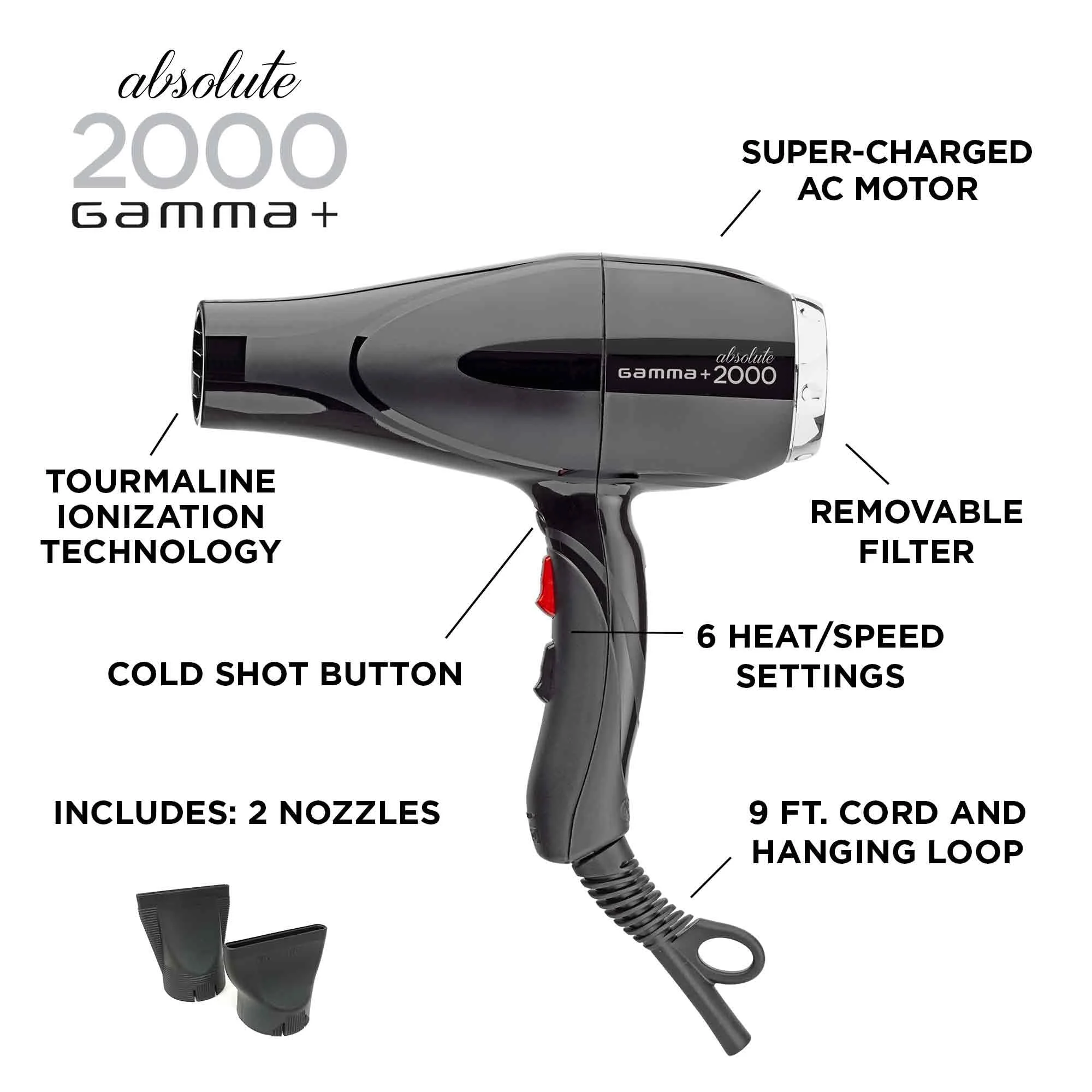 GAMMA+ Professional Absolute 2000 Hair Dryer Black, 2 Concentrator Nozzles - Image 2
