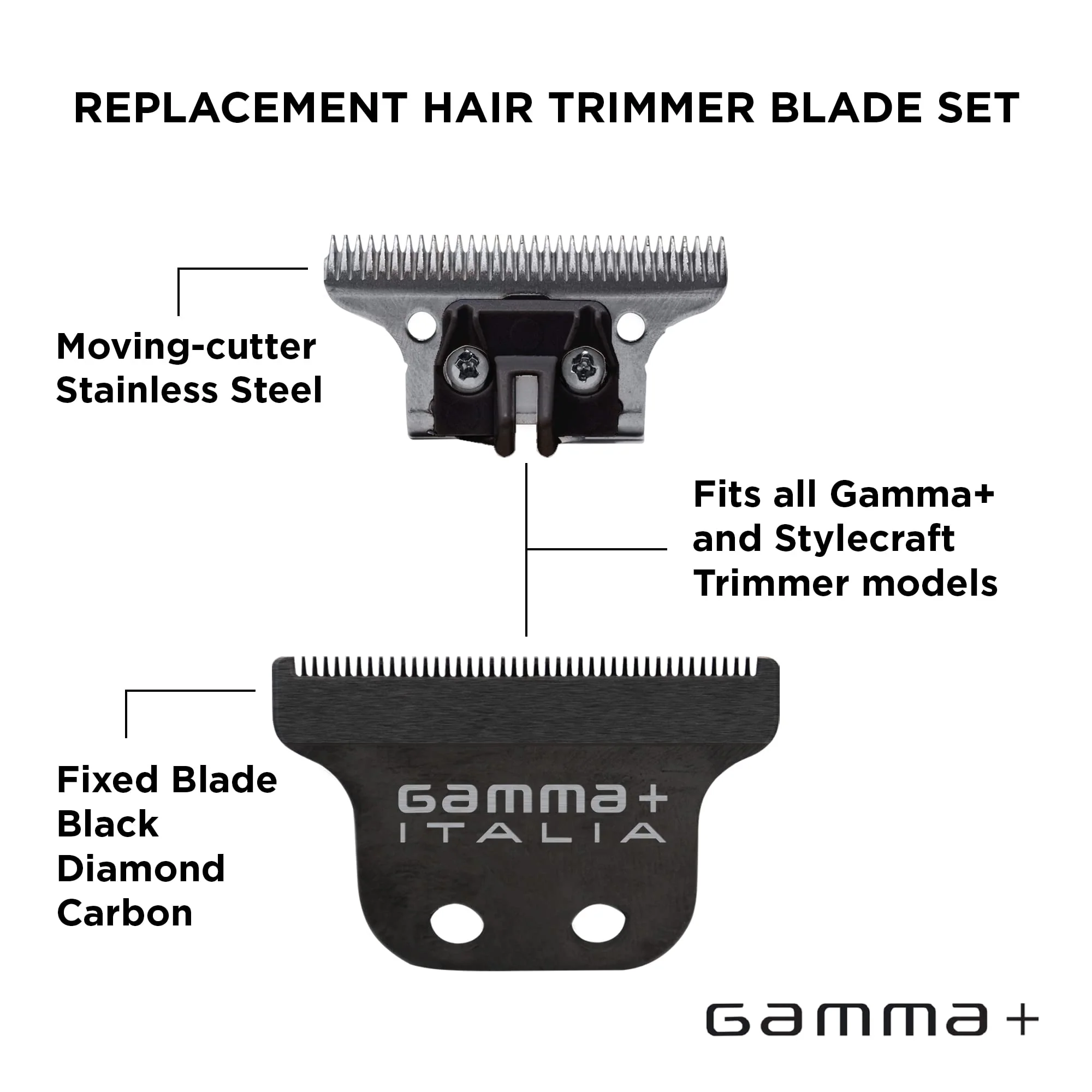GAMMA+ Replacement Classic Fixed Black Diamond Carbon DLC with Stainless Steel Deep Tooth Cutter Trimmer Blade Set - Image 3