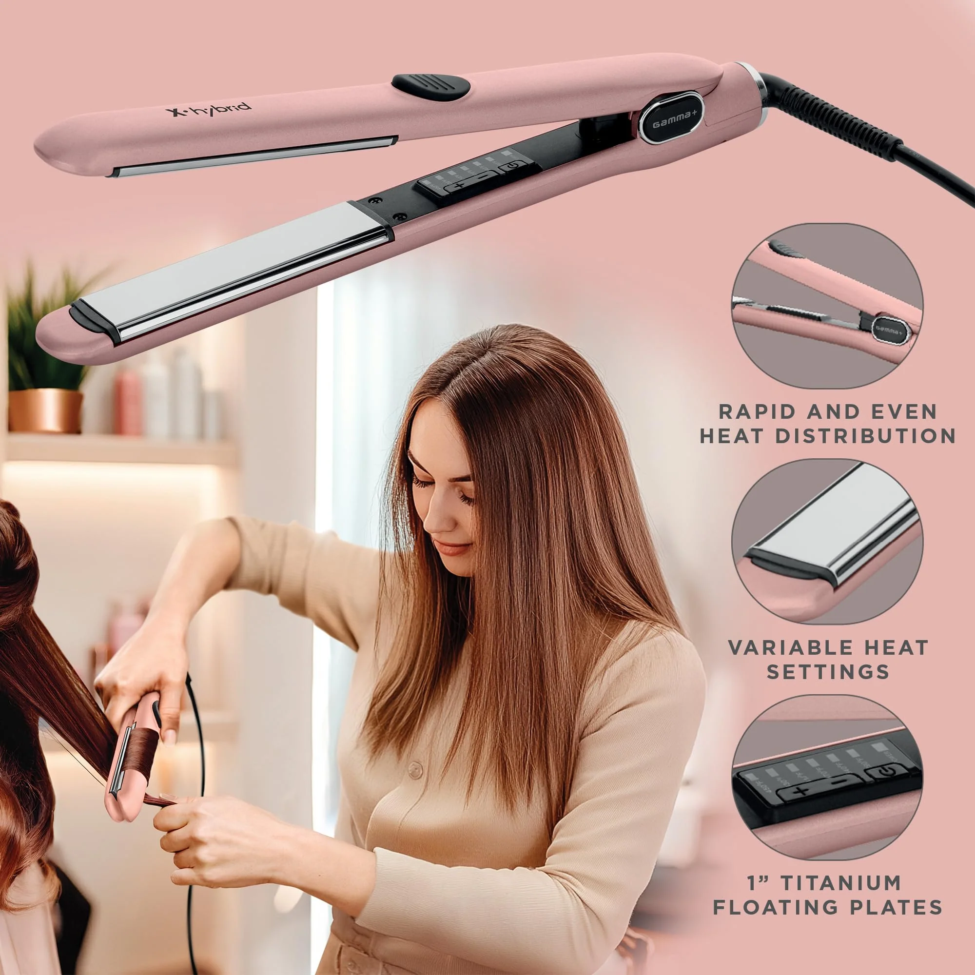 GAMMA+ X-Hybrid 1” Titanium Flat Iron – Italian-Designed Professional Hair Straightener, 450°F High Heat, Floating Plates for Frizz-Free Styling & Keratin Treatments - Image 2