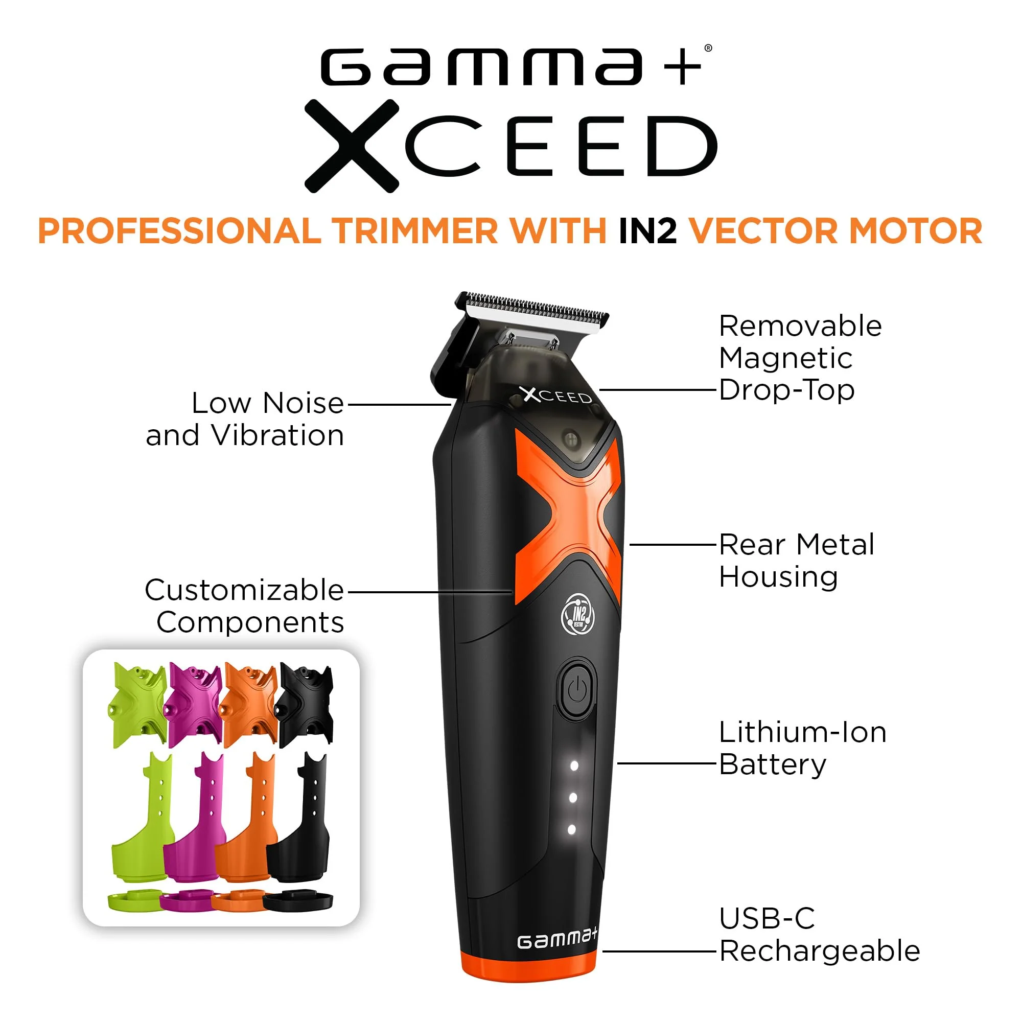 GAMMA+ XCeed Cordless Hair Trimmer for Men, Professional for Barbers, USB-C Rechargeable with 6 Blade Guards - Image 2