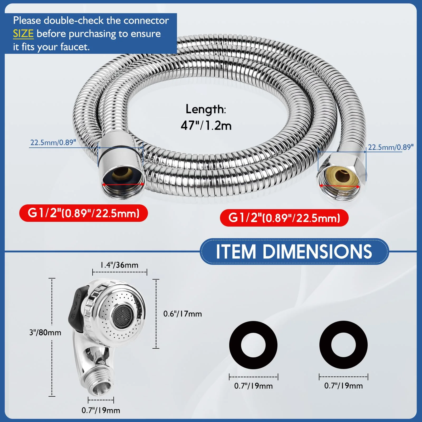 Garaook G1/2" Connector Shampoo Bowl Hose Sprayer Kit, 47 Inch Stainless Steel Shampoo Hose with Compact Spray Head to Attach Shampoo Bowl Faucet Vacuum Breaker Kit for Salon Sink & Shampoo Bowl - Image 3