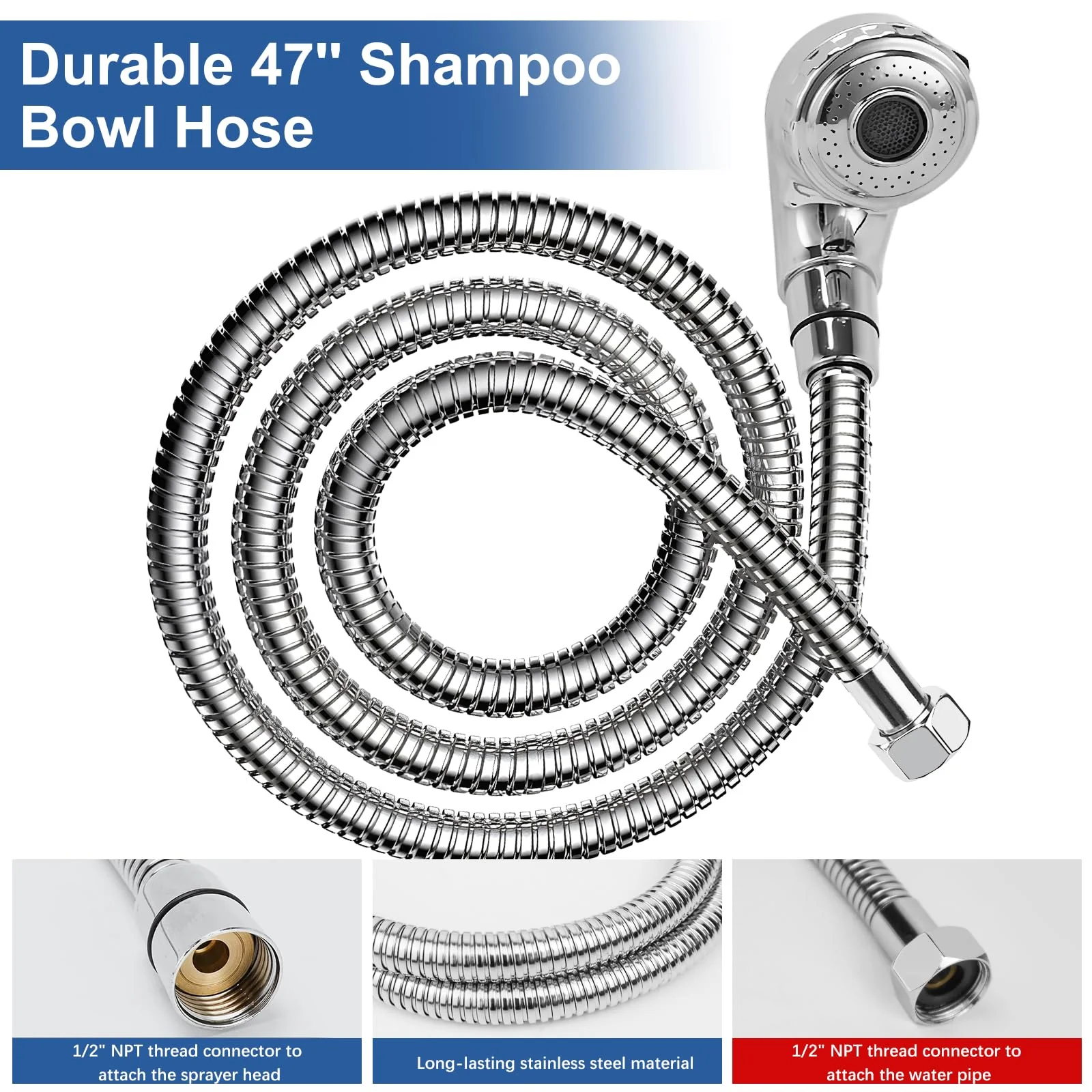 Garaook G1/2" Connector Shampoo Bowl Hose Sprayer Kit, 47 Inch Stainless Steel Shampoo Hose with Compact Spray Head to Attach Shampoo Bowl Faucet Vacuum Breaker Kit for Salon Sink & Shampoo Bowl - Image 6