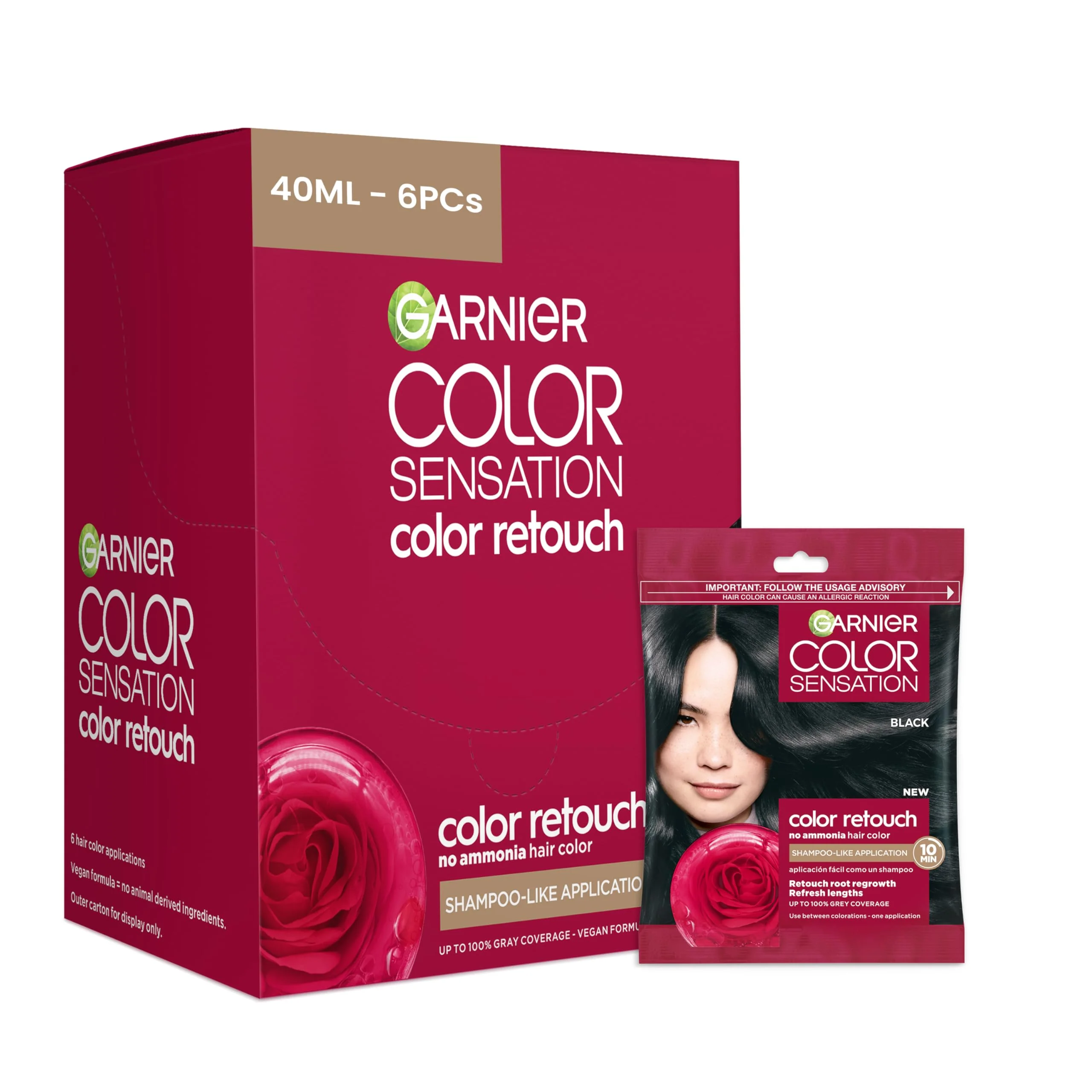 Garnier Color Sensation Color Retouch, Demi Permanent Hair Dye for Roots with 100% Gray Coverage, Black Hair Dye 1.0, Pack of 6 (Packaging May Vary)