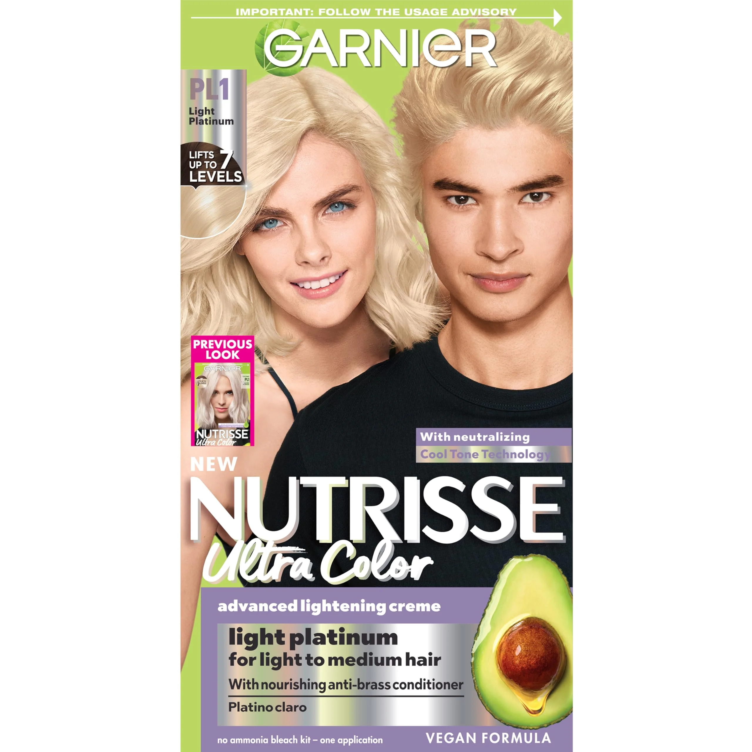 Garnier Nutrisse Ultra Color Hair Color, Permanent Hair Dye for Up to 8 Weeks of Bold, Vibrant, Fade-Resistant Results, Vegan & Cruelty-Free, PL1 Light Platinum (Coconut), 1 Count