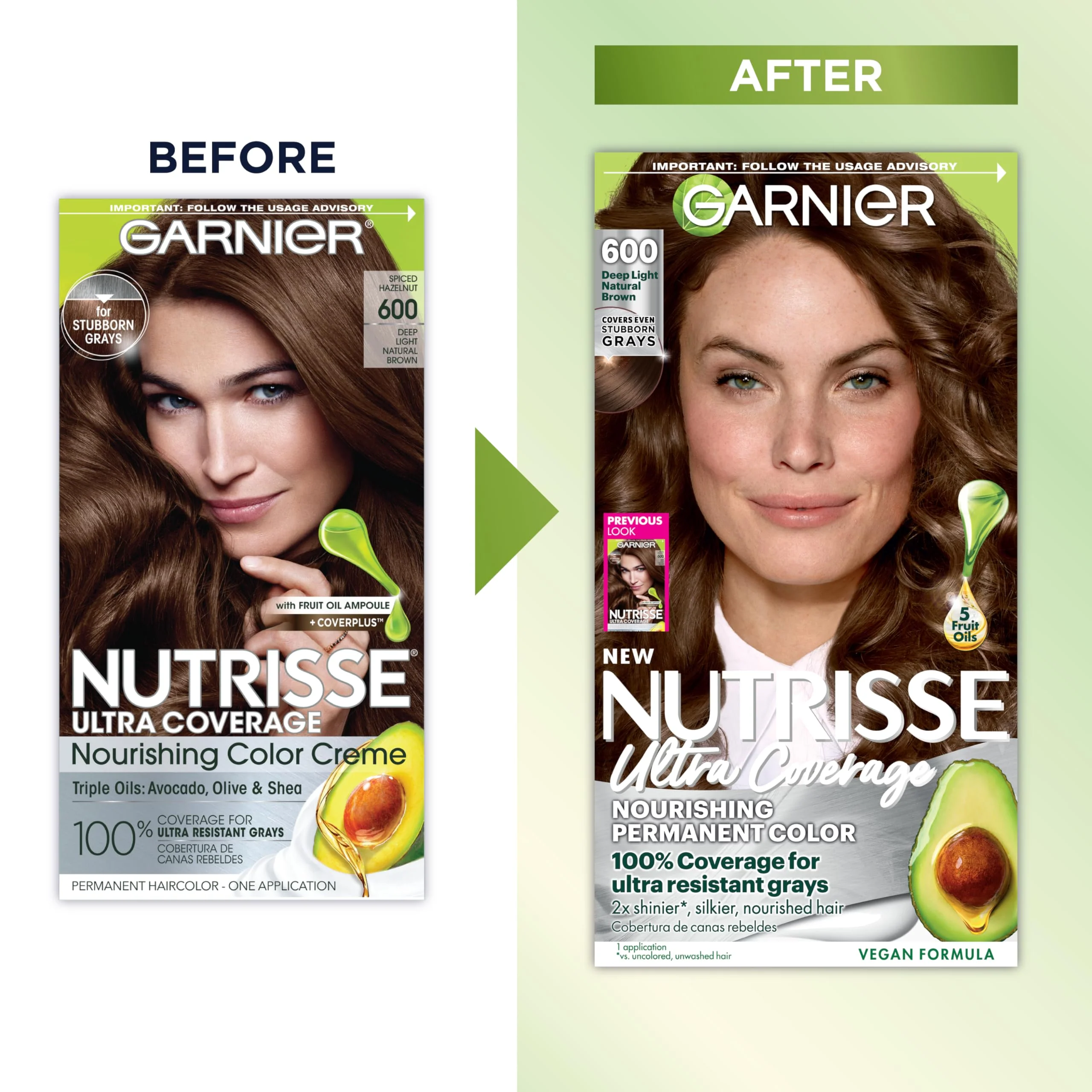 Garnier Nutrisse Ultra Coverage Hair Color, Permanent Hair Dye for Up to 8 Weeks of Stubborn Gray Coverage, Vegan & Cruelty-Free, 600 Deep Light Natural Brown (Spiced Hazelnut), 1 Count - Image 3