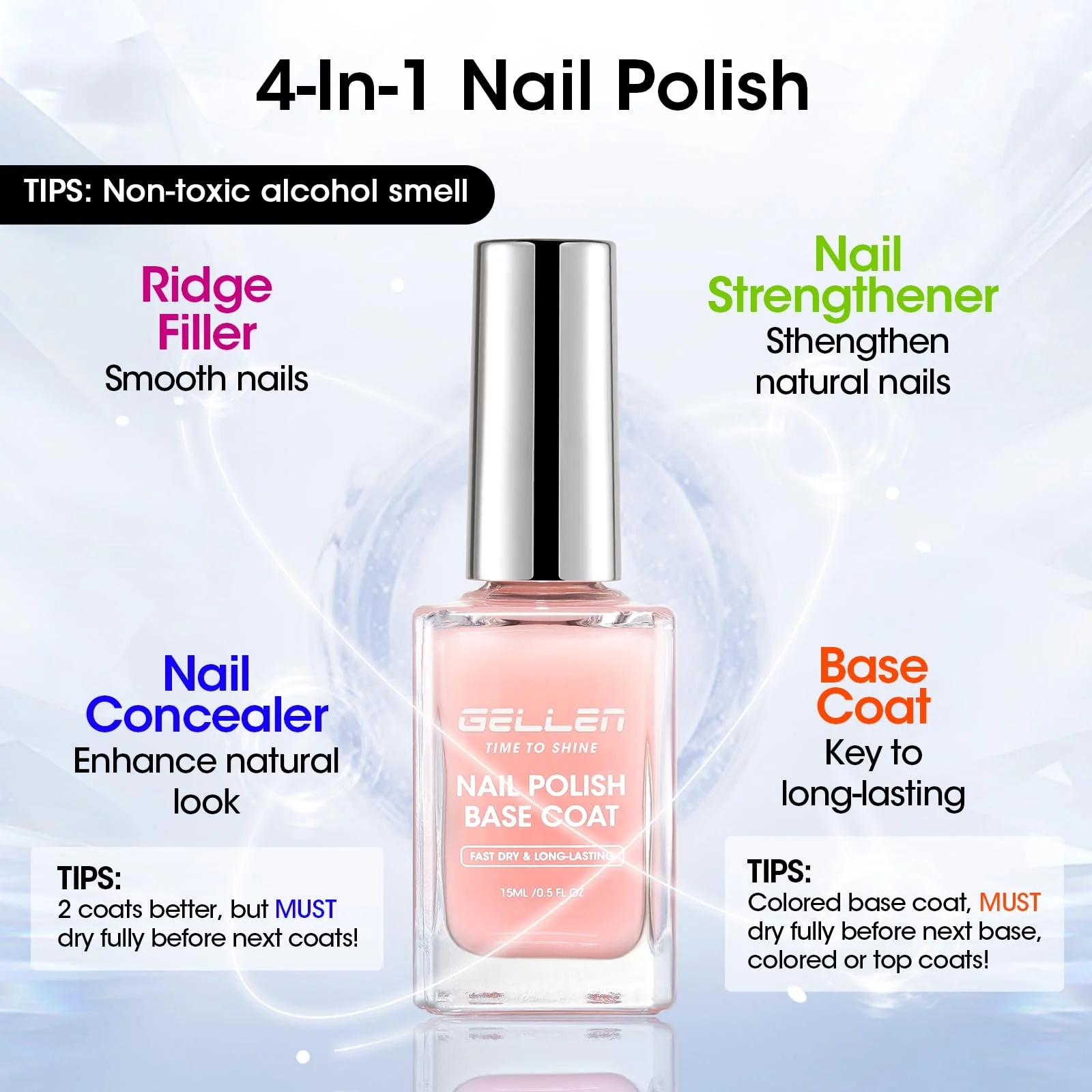 GELLEN 4‑in‑1 Clear Nail Polish Base Coat Sheer Tinted Milky Pink, Ridge Filler, Nail Strengthener & Concealer, Calcium Formula Strengthens Nails, Enhances Natural Look, No HEMA, Anti-yellowing - Image 3
