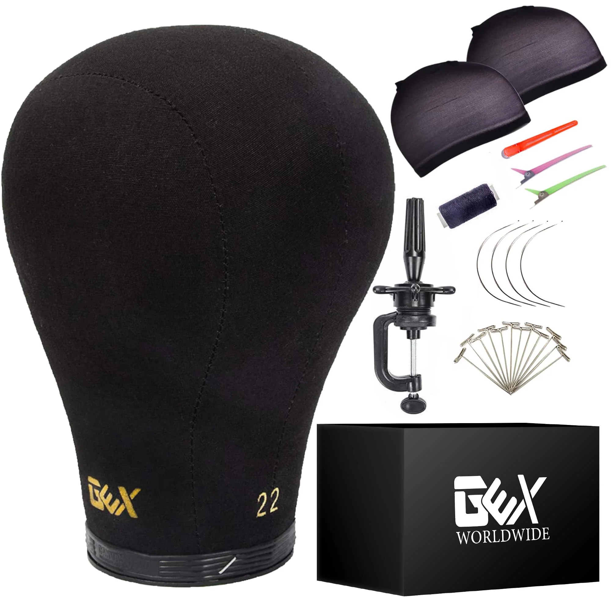 GEXWORLDWIDE GEX 20"-24" Canvas Cork Wig Block Mannequin Head for Wig Making Drying Styling Display with Table C Clamp Stand Holder (Black 22")