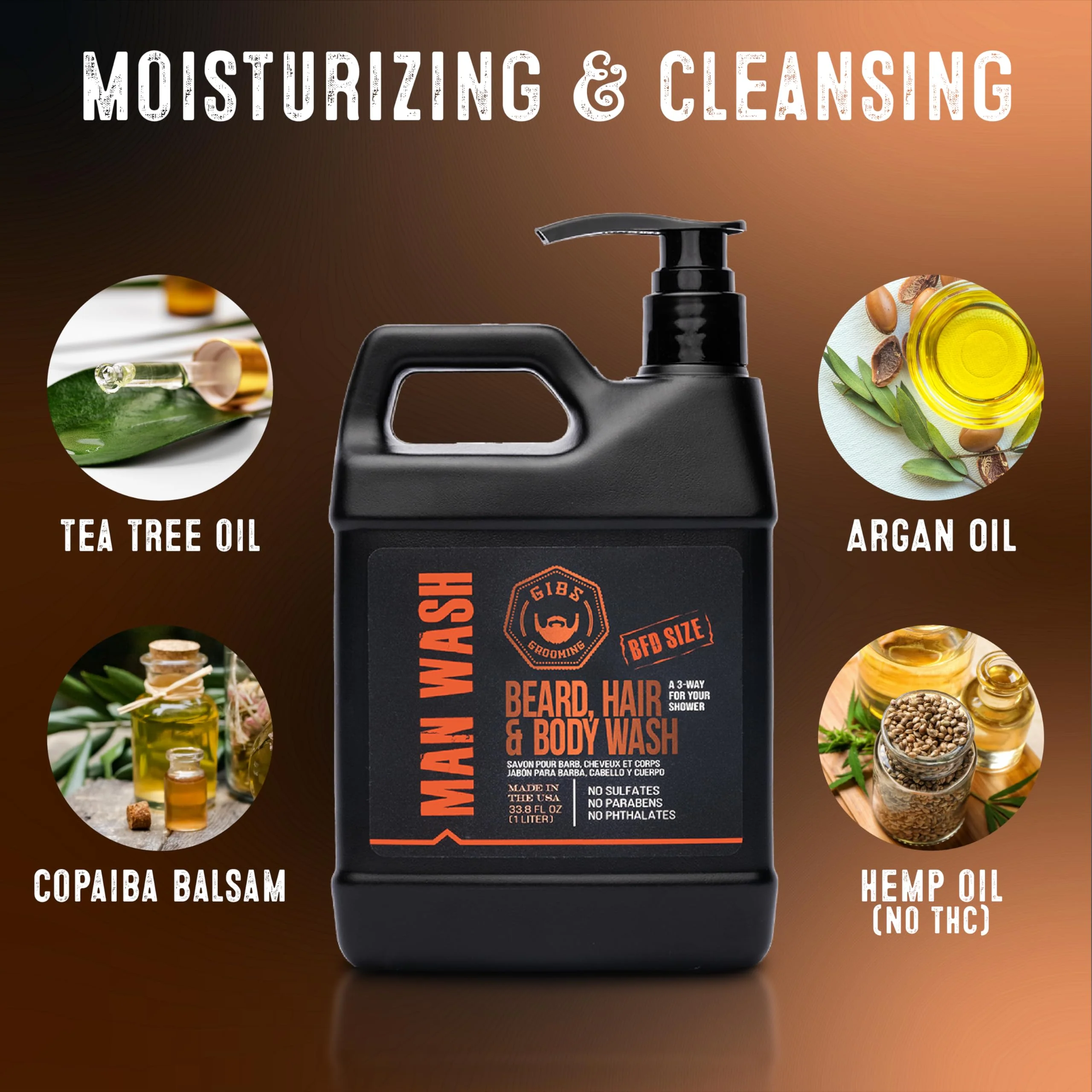 GIBS Grooming - Amber Man Wash (12 fl oz) 3-in-1 Beard, Hair, Body Soap - Citrus, Oak, Basil Scent - Sulfate Free - Tea Tree Oil, Hemp Oil, Protein - Mens Body Wash & Mens Shampoo - Made in USA - Image 4