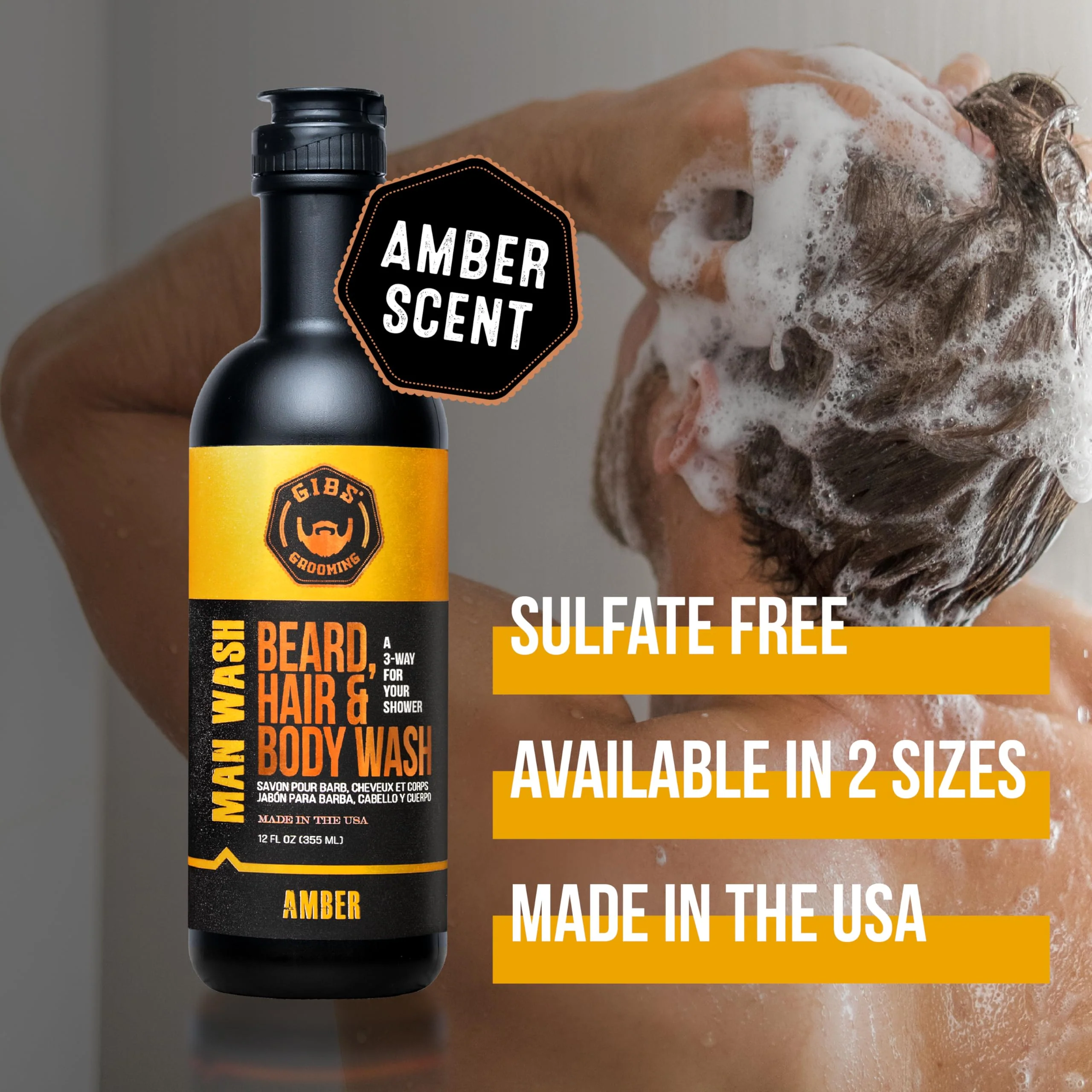 GIBS Grooming - Amber Man Wash (12 fl oz) 3-in-1 Beard, Hair, Body Soap - Citrus, Oak, Basil Scent - Sulfate Free - Tea Tree Oil, Hemp Oil, Protein - Mens Body Wash & Mens Shampoo - Made in USA - Image 5