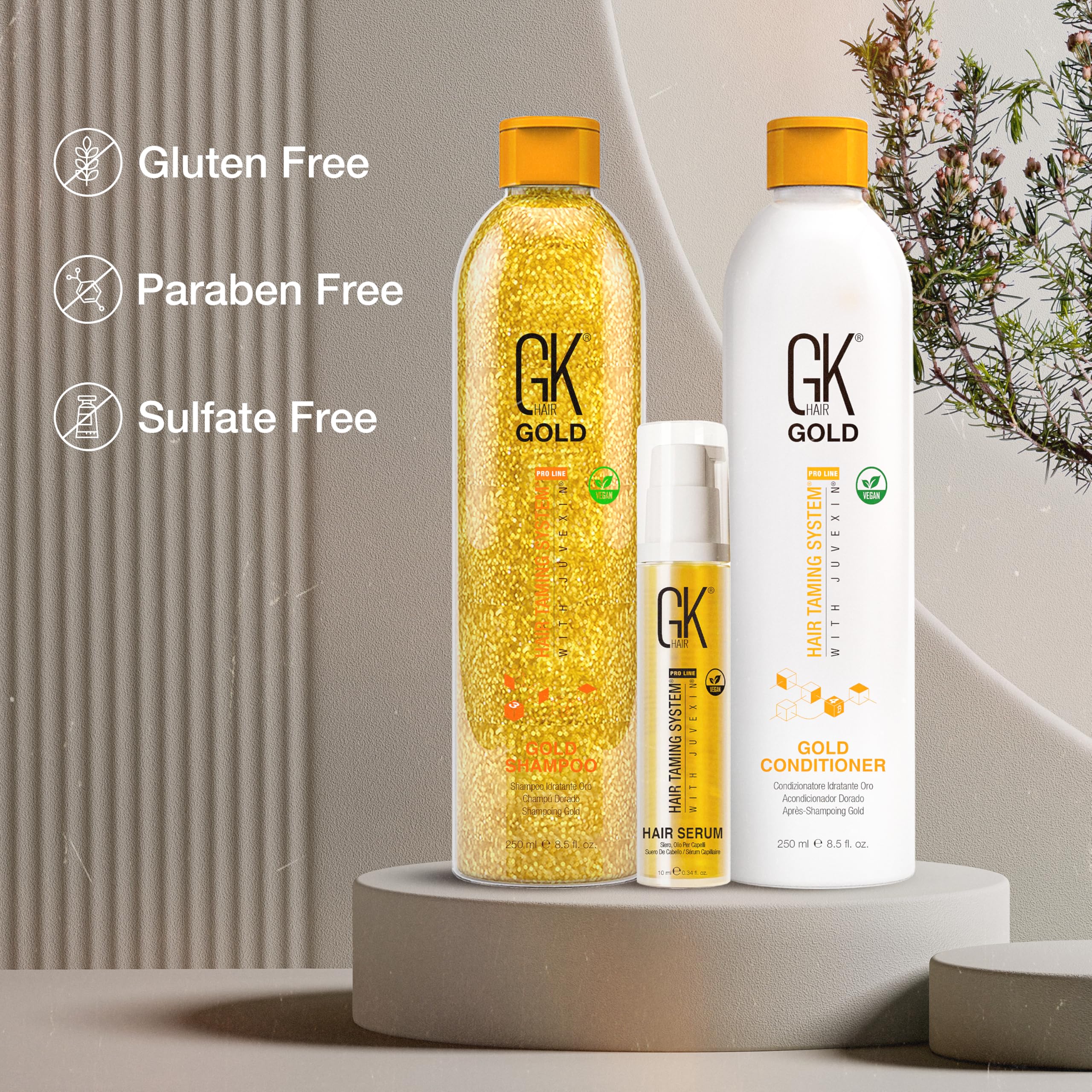 GK Hair Gold Shampoo and Conditioner Duo with Free Argan Oil Serum Contains Argan Oil, Shea Butter, Natural Oils for Hairs Moisturizing Shine and Protection