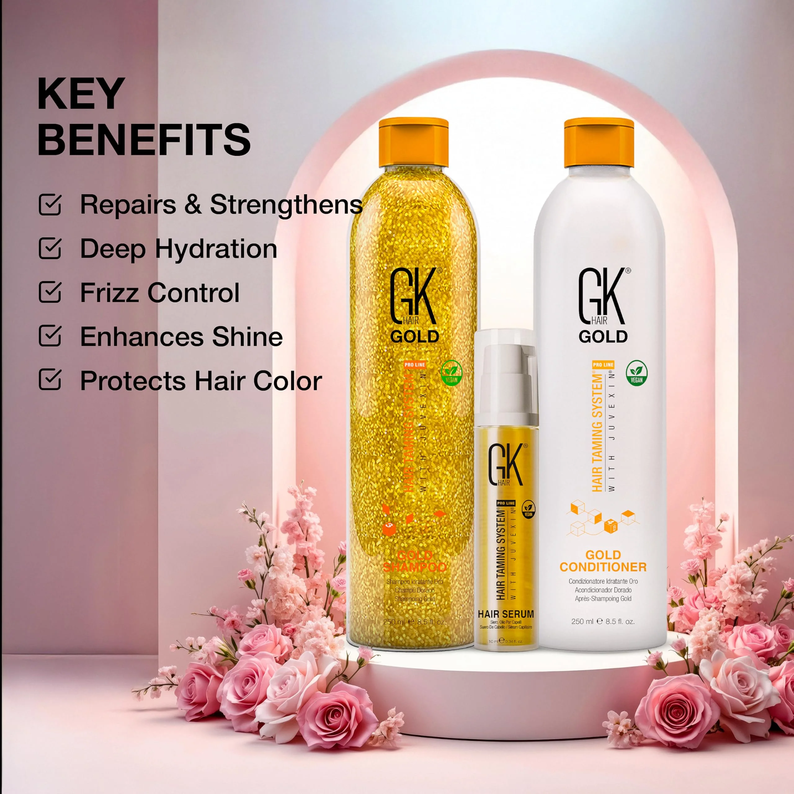 GK Hair Gold Shampoo and Conditioner Duo with Free Argan Oil Serum Contains Argan Oil, Shea Butter, Natural Oils for Hairs Moisturizing Shine and Protection - Image 5