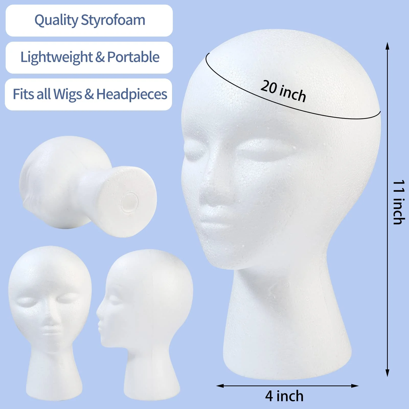 GliSun 3 Pcs Foam Wig Head, Styrofoam Mannequin Head with Female Face for Multipurpose Wigs Display Stand, Model, Mask, Hat Display Stand, Art Work Painting - Image 3