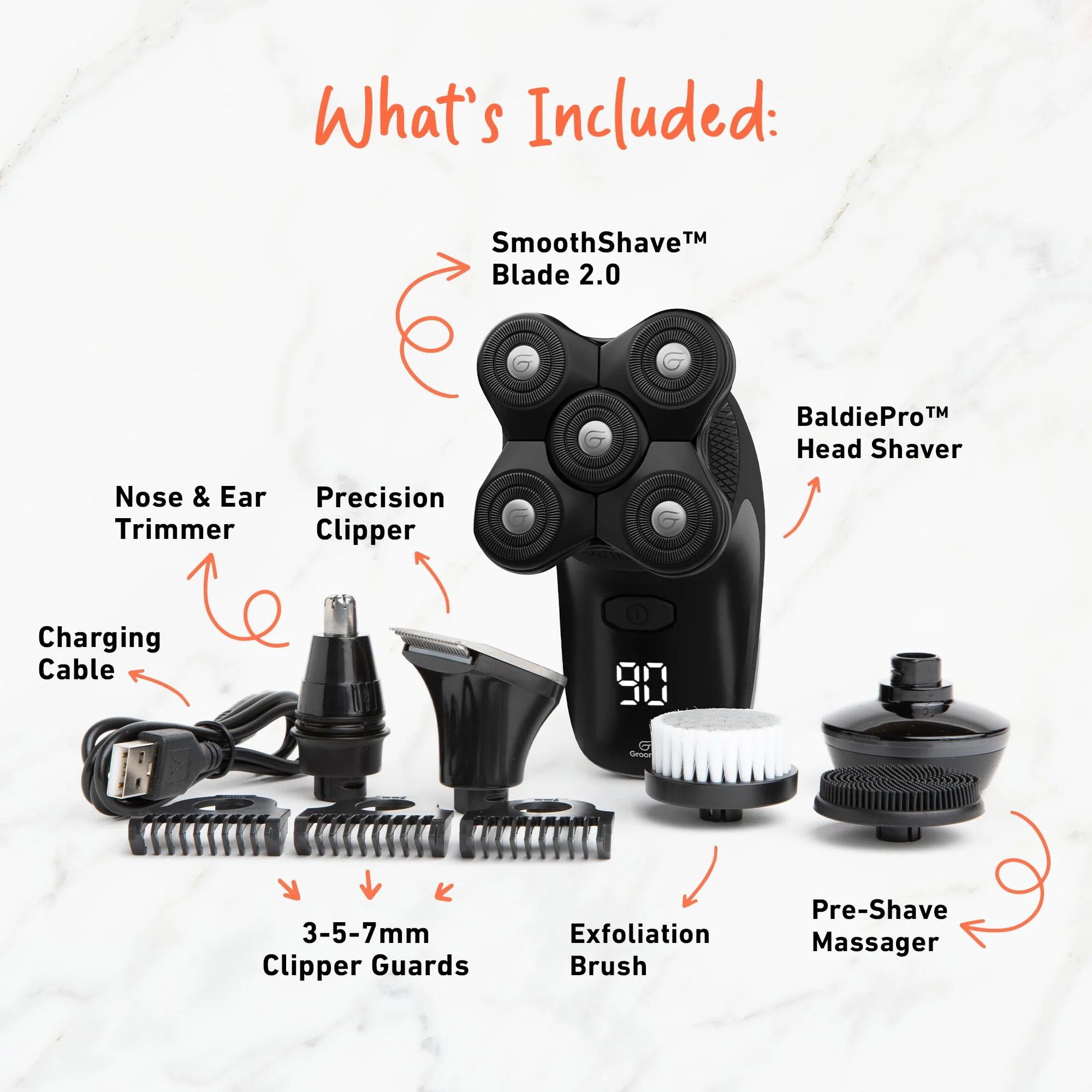 Groomie Cordless Bald Head Shavers for Men, BaldiePro Head Grooming Kit - Ergonomic & Waterproof Head Shavers for Bald Men - Electric Hair Shaver & Head Razor - Men's Rotary Shaver for Smooth Shave - Image 3