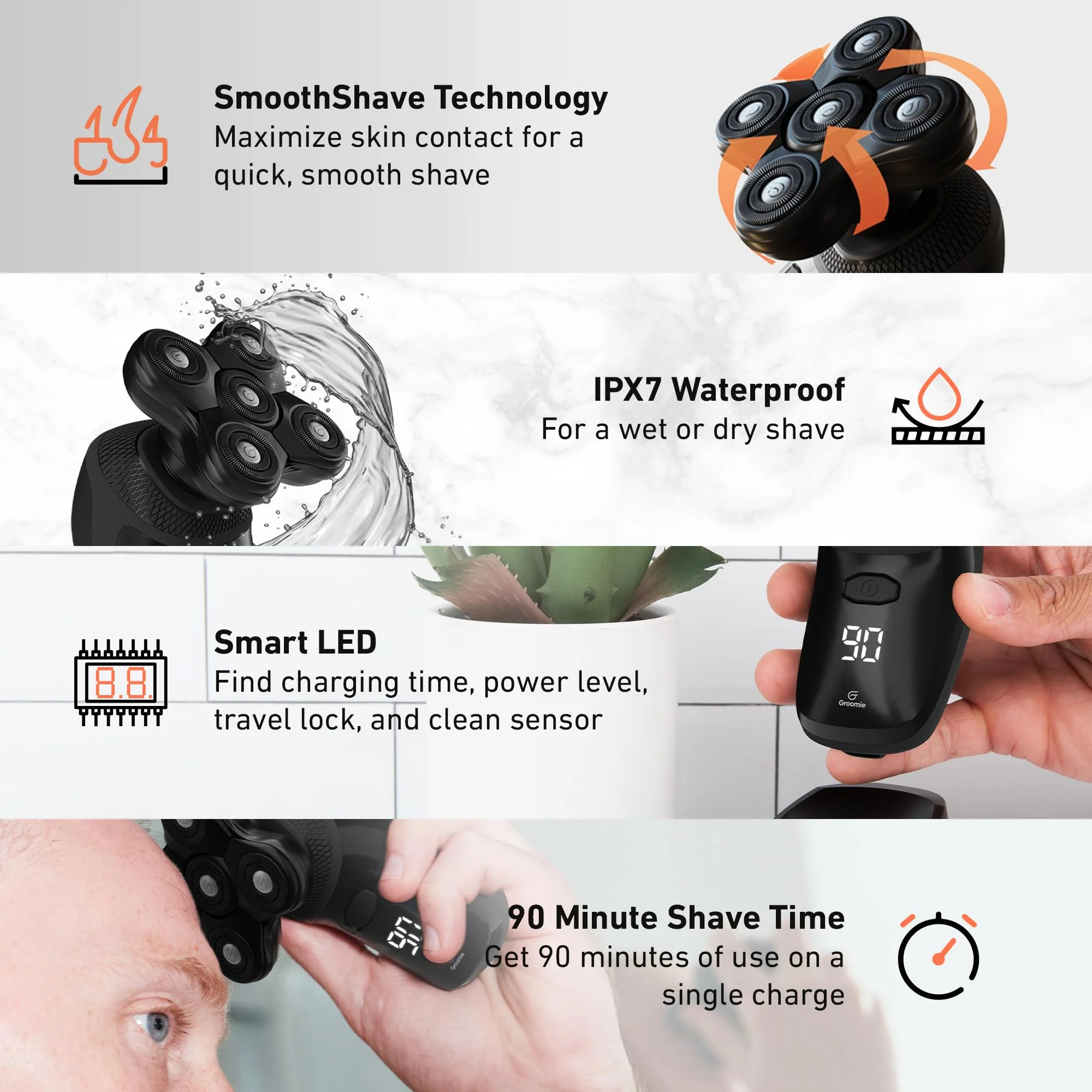 Groomie Cordless Bald Head Shavers for Men, BaldiePro Head Grooming Kit - Ergonomic & Waterproof Head Shavers for Bald Men - Electric Hair Shaver & Head Razor - Men's Rotary Shaver for Smooth Shave - Image 4