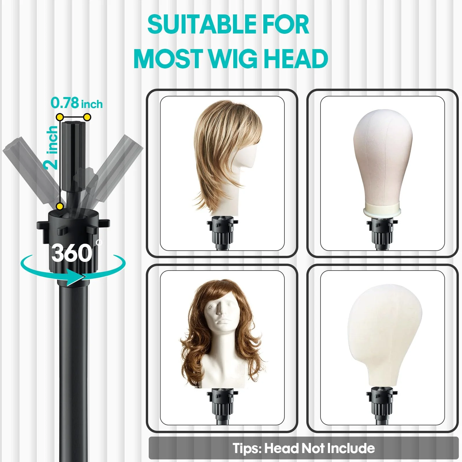 GSOW Wig Stand Tripod - Reinforced Metal Mannequin Head Stand with Tool Tray, Adjustable Height 31" - 57" Wig Head Stand for Styling Cosmetology Hairdressing Training with Wig Caps T-Pins Hair Clips - Image 6