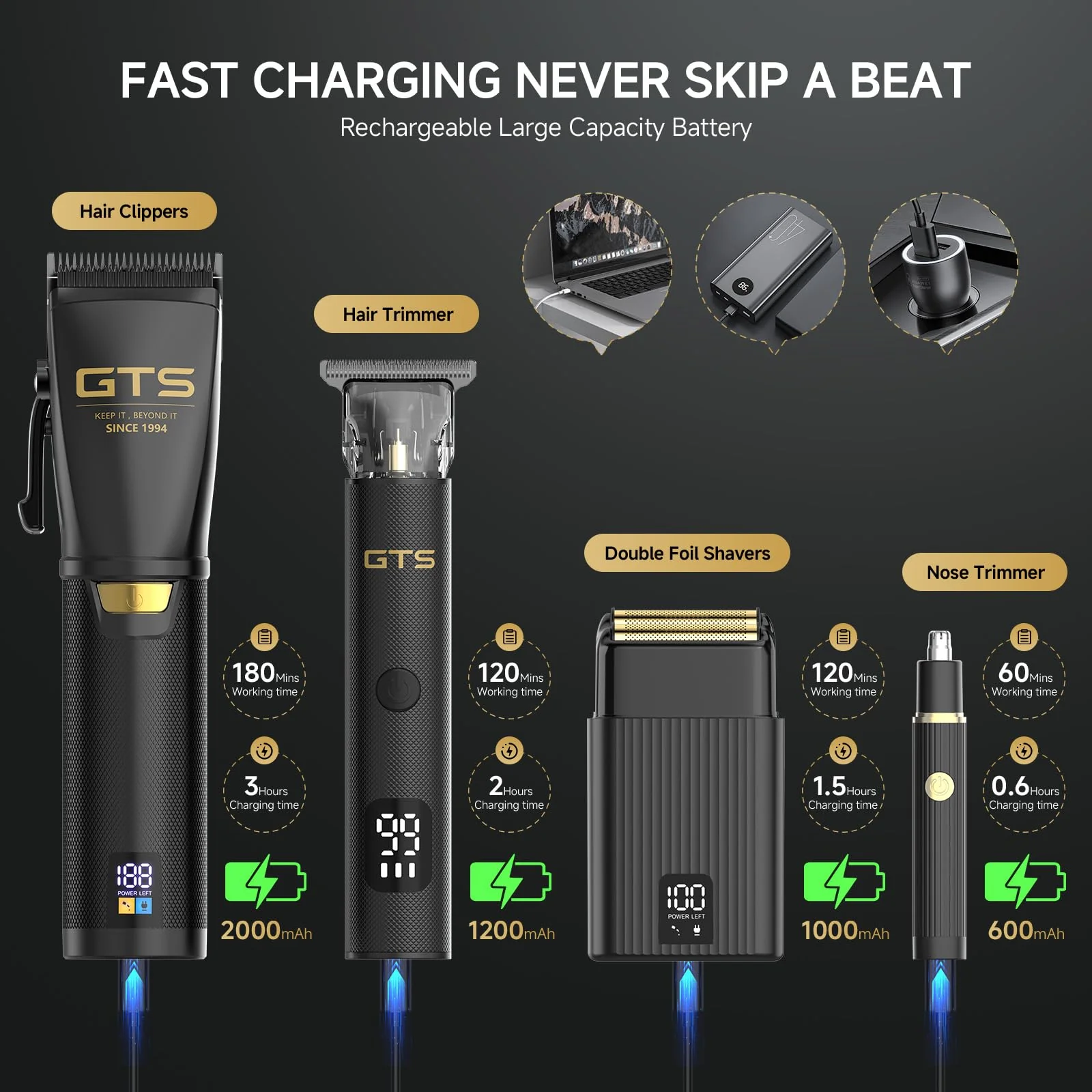 GTS Hair Clippers for Men Professional, Beard Trimmer Kits & Sets, Cordless Mens Hair Trimmer, Electric Shavers, Haircutting Machine with LED Display, for Barber 4 in 1 - Image 5