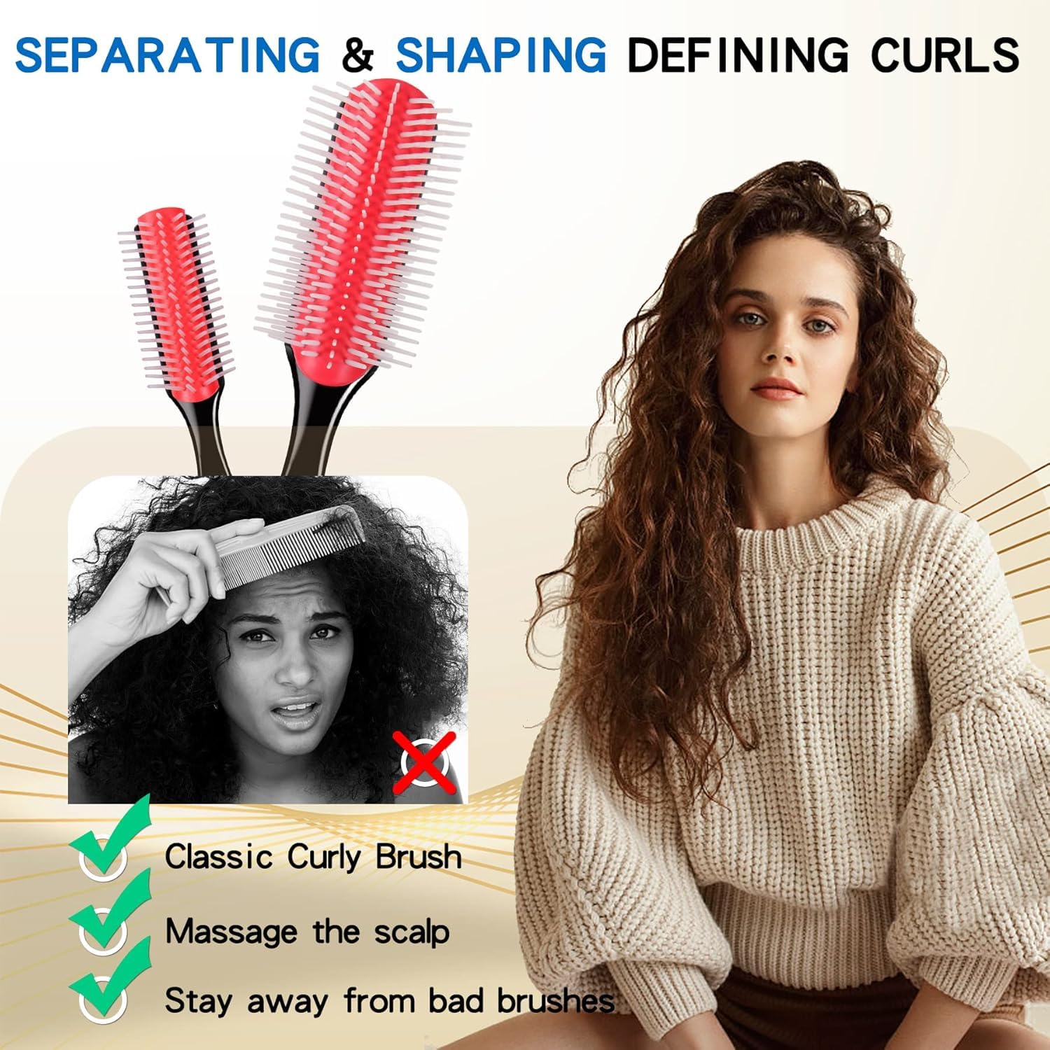 Hair Brush for Women Men Curly Wet or Dry Hair Classic Detangling Brushes 7 Row for Natural Thick Hair, Blow Styling Separating, Shaping Defining Curls Tools Travel Bristle Black Hairbrush - Image 2