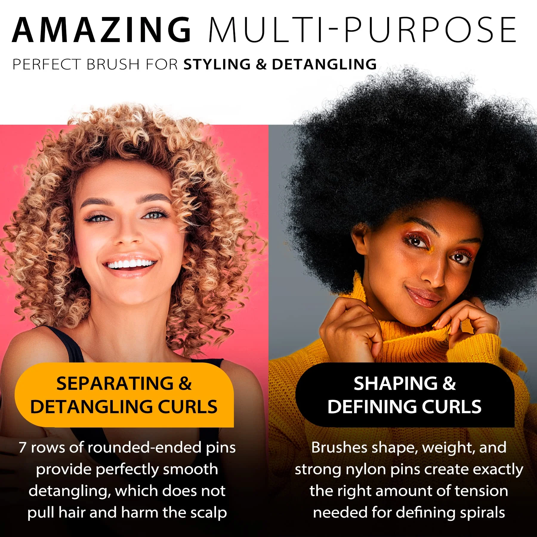 Hair Brush for Women Men Curly Wet or Dry Hair Classic Detangling Brushes 7 Row for Natural Thick Hair, Blow Styling Separating, Shaping Defining Curls Tools Travel Bristle Black Hairbrush - Image 3