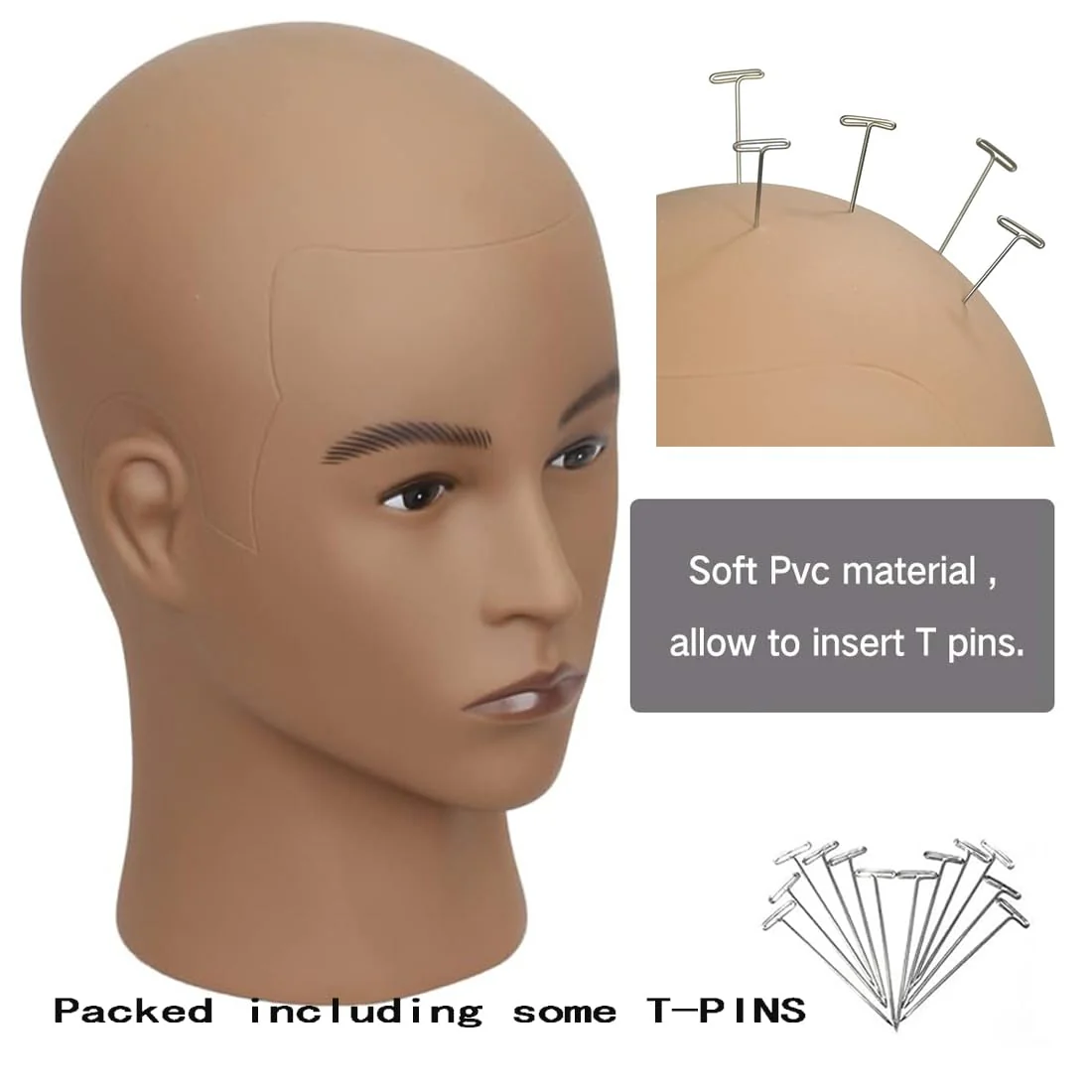 HAIRWAY Male Mannequin Head Stand Professional Cosmetology Mannequin Head Bald Training Wigs Head Stand for Wigs Making and Display with Free T-pins (Brown) - Image 2