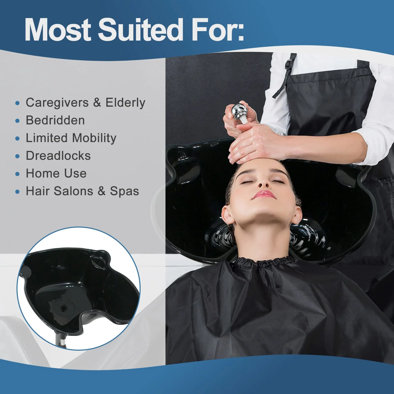 Height Adjustable Portable Salon Deep Shampoo Basin Sink Hair Treatment Bowl with Drain Hose Black - Image 7