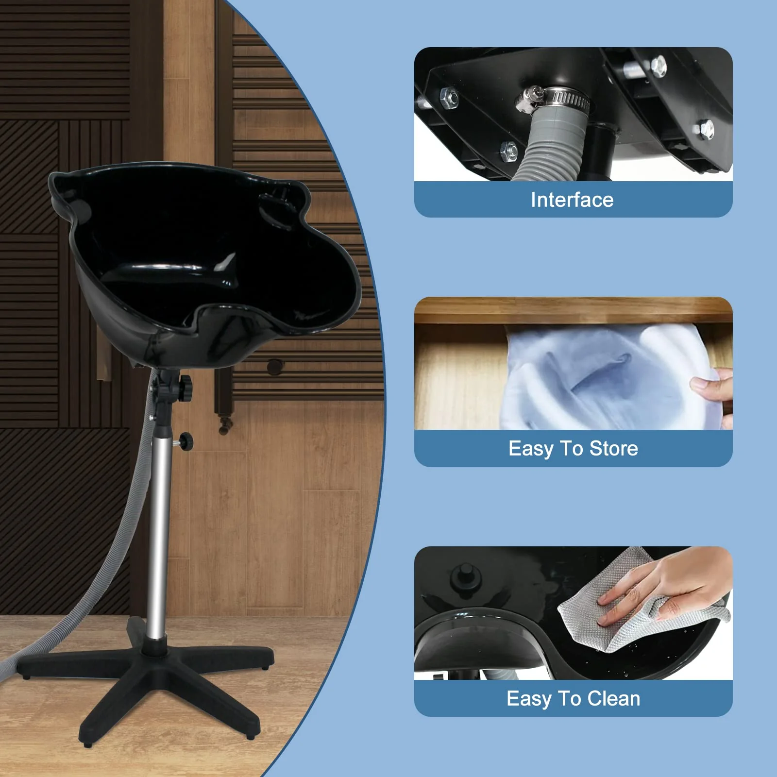 Height Adjustable Portable Salon Deep Shampoo Basin Sink Hair Treatment Bowl with Drain Hose Black - Image 9