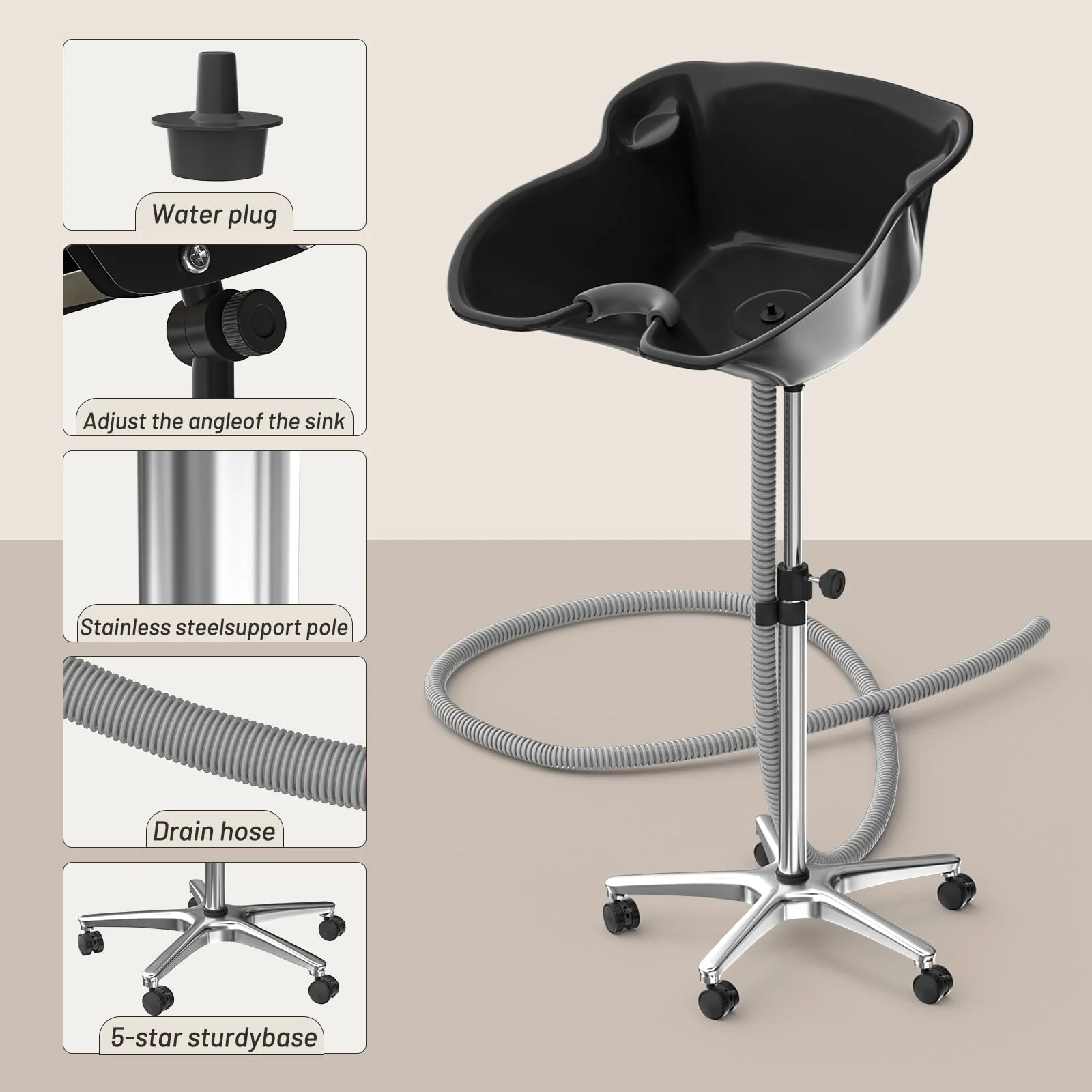 Height Angle Adjustable Portable Shampoo Basin Hair Washing Sink Shampoo Bowl for Home and Salon, 118.11” Drain Hose, Stainless Steel Base, Lockable Wheels - Image 5