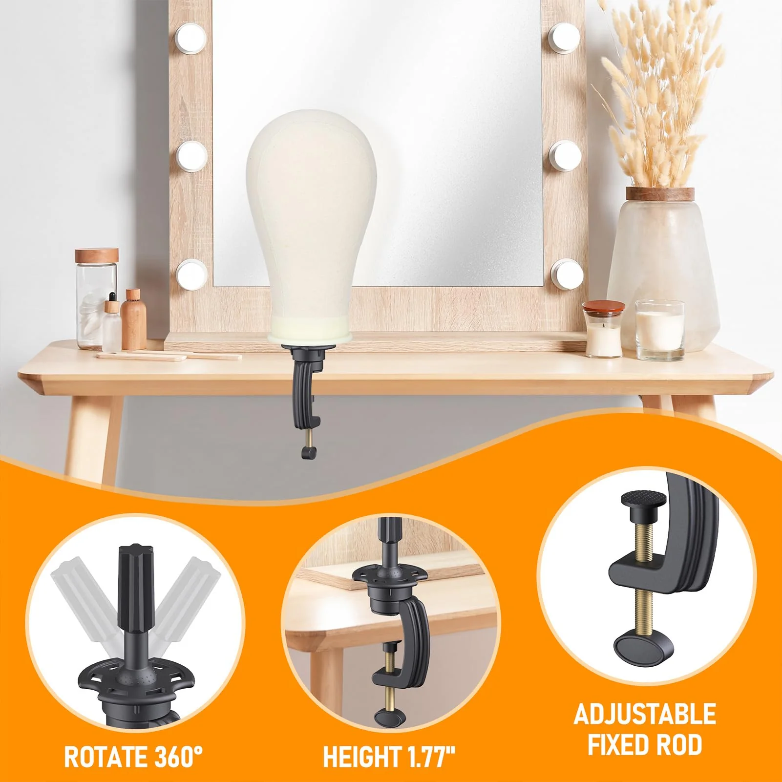 Hemndic Wig Stand with Head, Height Adjustable Wig Stand, Wig Head Stand with Mannequin Head with Extra Wig head Clamp Stand - Image 3