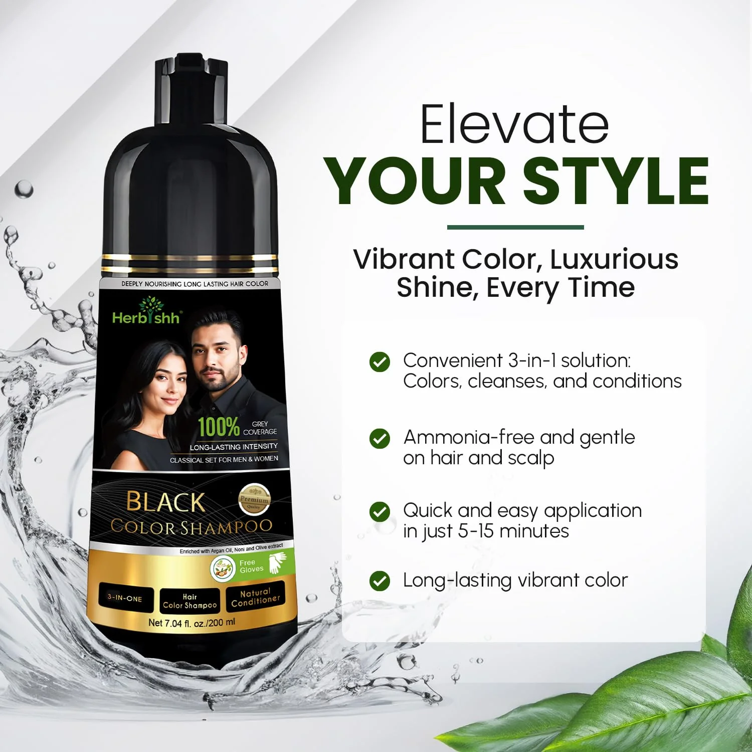 Herbishh Black Shampoo, Hair Dye Shampoo 3 in 1, 100% Grey Coverage, Demi-Permanent Hair Color for Men & Women, Long-lasting Color in 5-15 Mins, Ammonia-free, 200 ml - Image 6