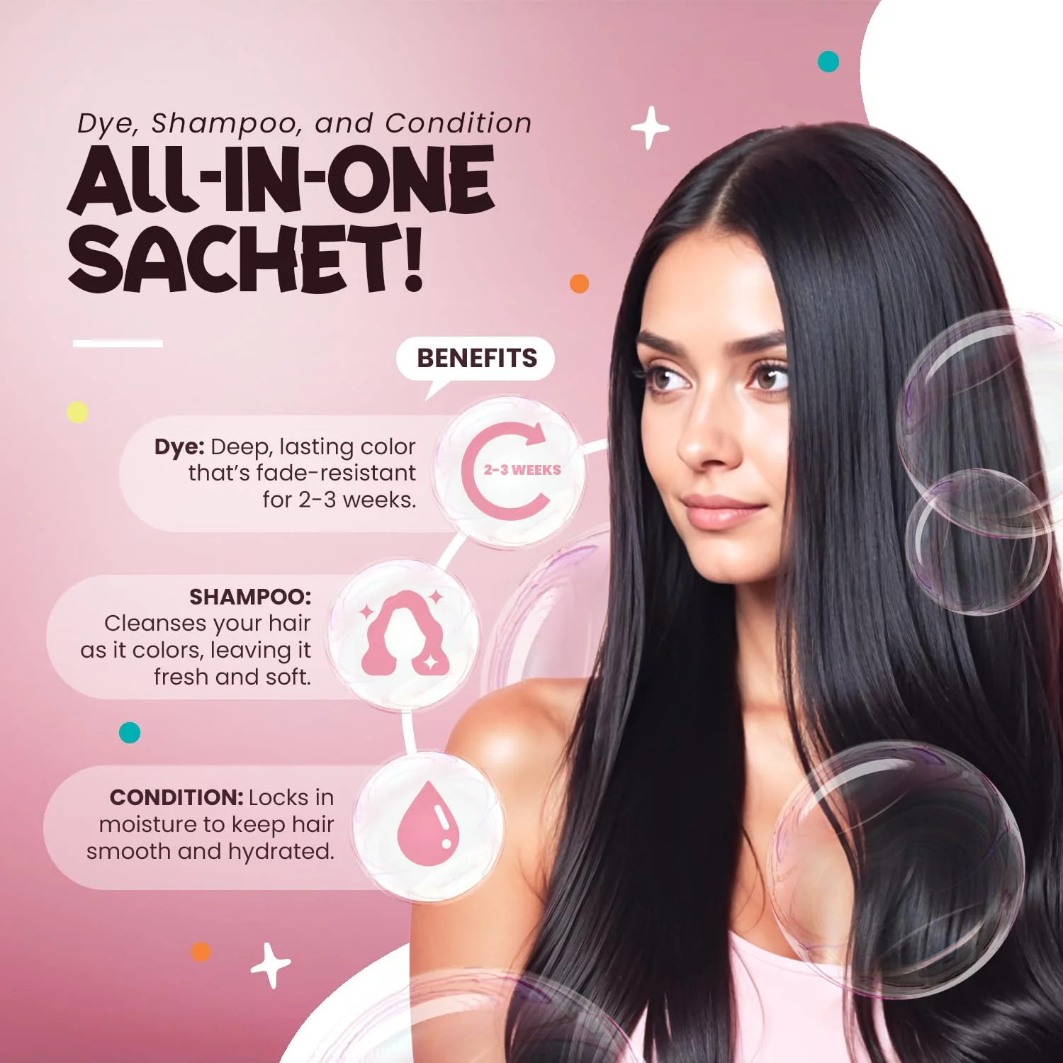 Herbishh Bubble Foam Hair Dye Shampoo, 3 in 1 Dye for 100% Grey Coverage, Permanent & Instant Hair Coloring for Men & Women, Long-lasting & Travel-friendly, Ammonia-free, 10 Sachet x 24 ml (Black) - Image 2