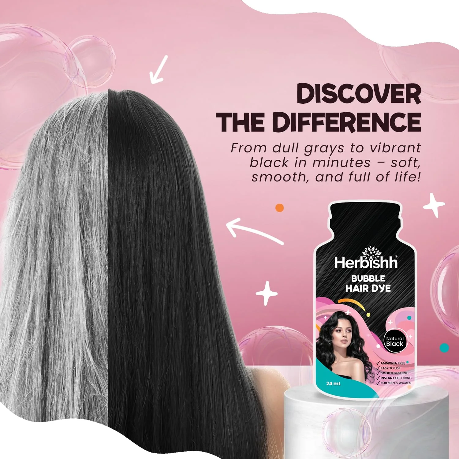 Herbishh Bubble Foam Hair Dye Shampoo, 3 in 1 Dye for 100% Grey Coverage, Permanent & Instant Hair Coloring for Men & Women, Long-lasting & Travel-friendly, Ammonia-free, 10 Sachet x 24 ml (Black) - Image 8