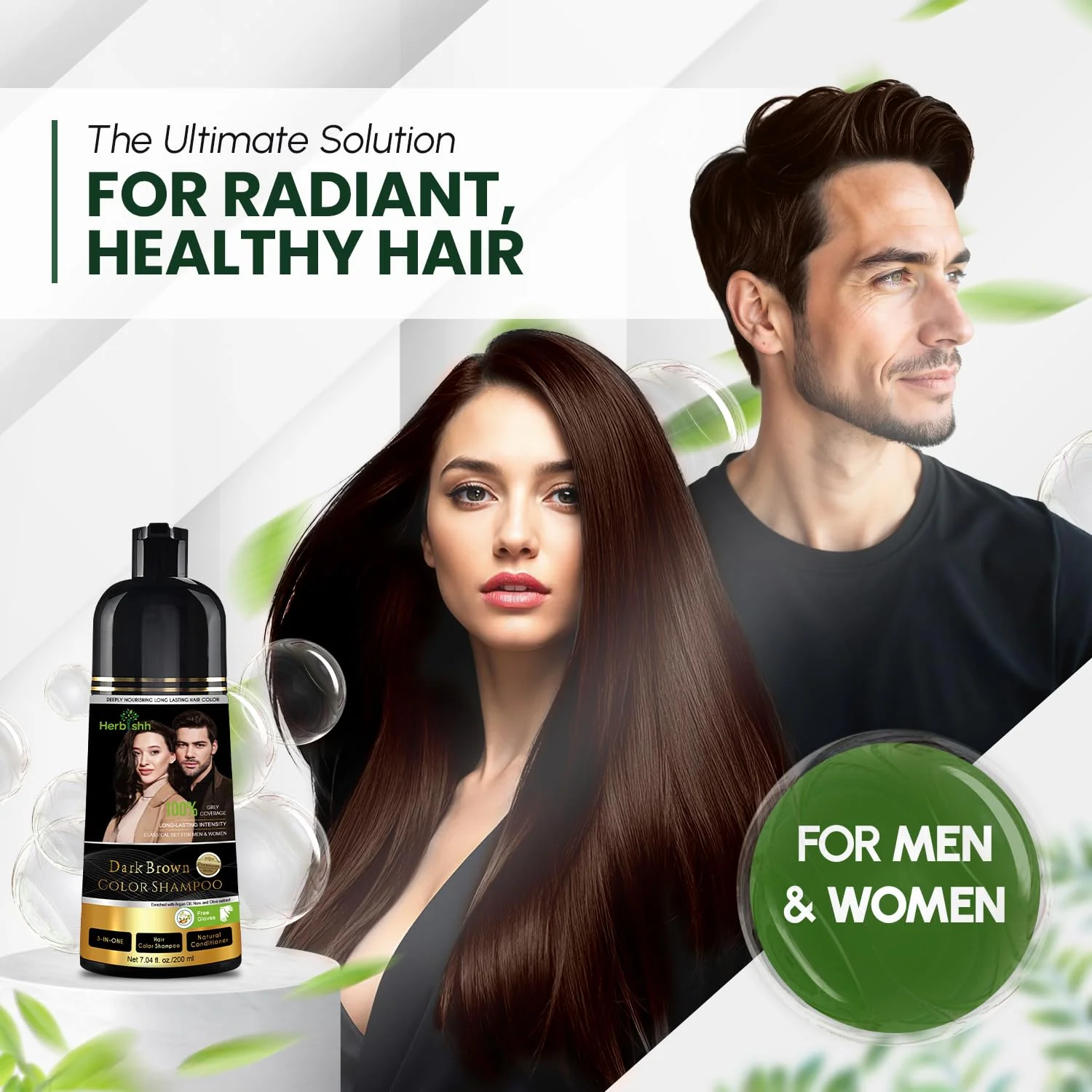 Herbishh Dark Brown Shampoo, Hair Dye Shampoo 3 in 1, 100% Grey Coverage, Hair Color for Men & Women, Long-lasting Color in 20-25 Mins, Ammonia-free, 200 ml - Image 2