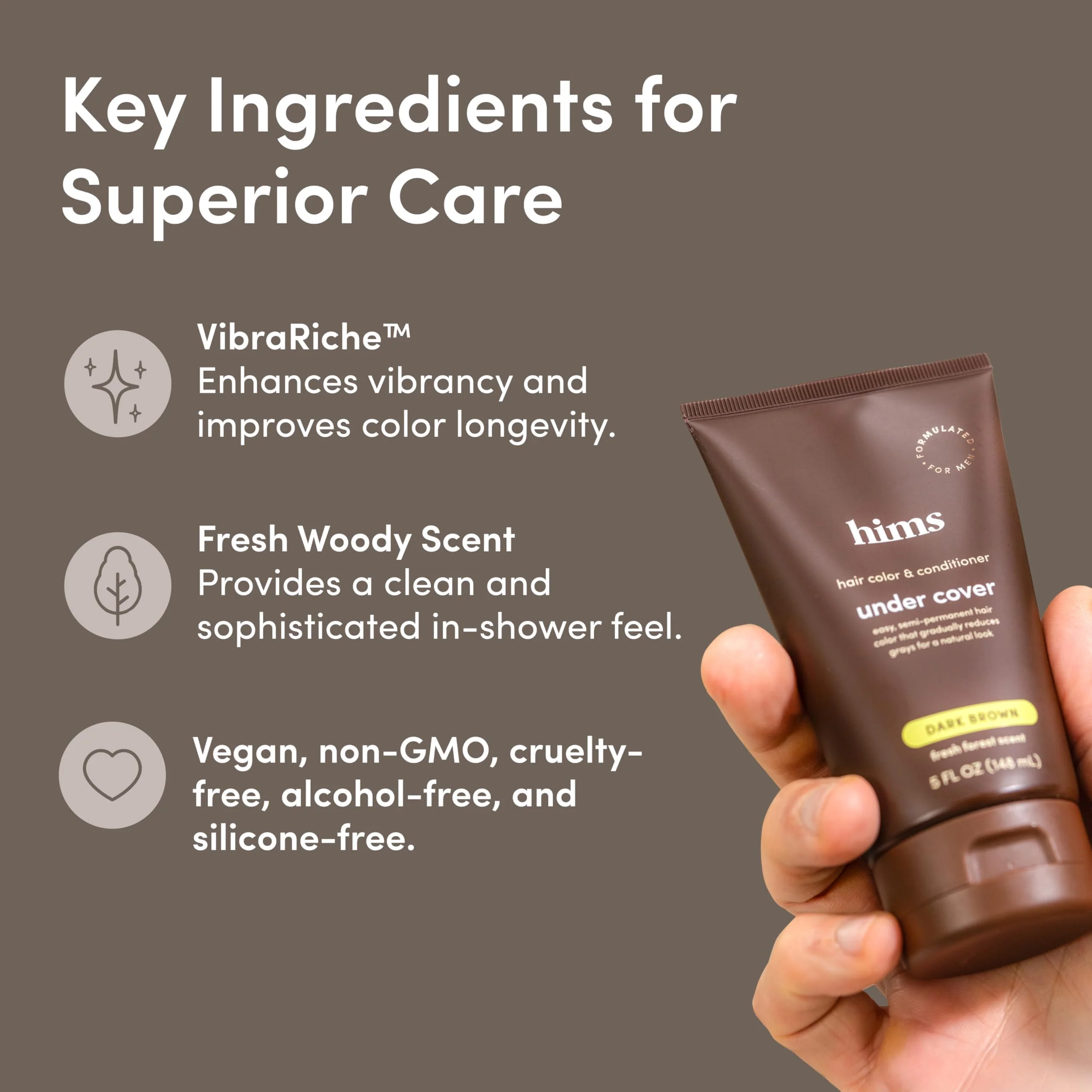 hims Under Cover Hair Color & Conditioner - With Argan Oil - Semi-Permanent In-Shower Hair Dye - Blends Grays Naturally - Sulfate-Free & Cruelty-Free - Fresh Forest Scent - Dark Brown - 5 Fl Oz - Image 3