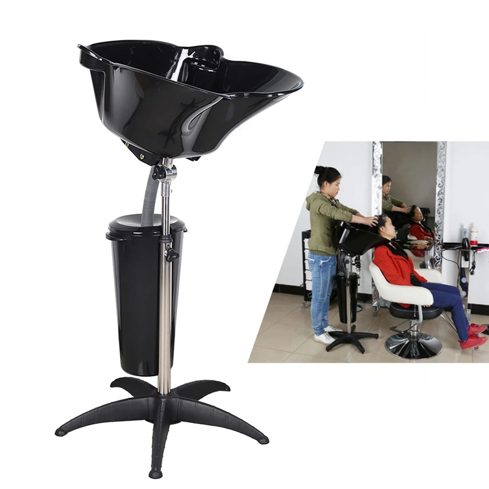 HinLIaDa Portable Shampoo Bowl, Height-Adjustable Hair Washing Sink, Salon Deep Shampoo Basin Sink for Washing Hair, Barber Salon Spa Beauty Sink Equipment Unit with Drain Pipe and Bucket (Black) - Image 2