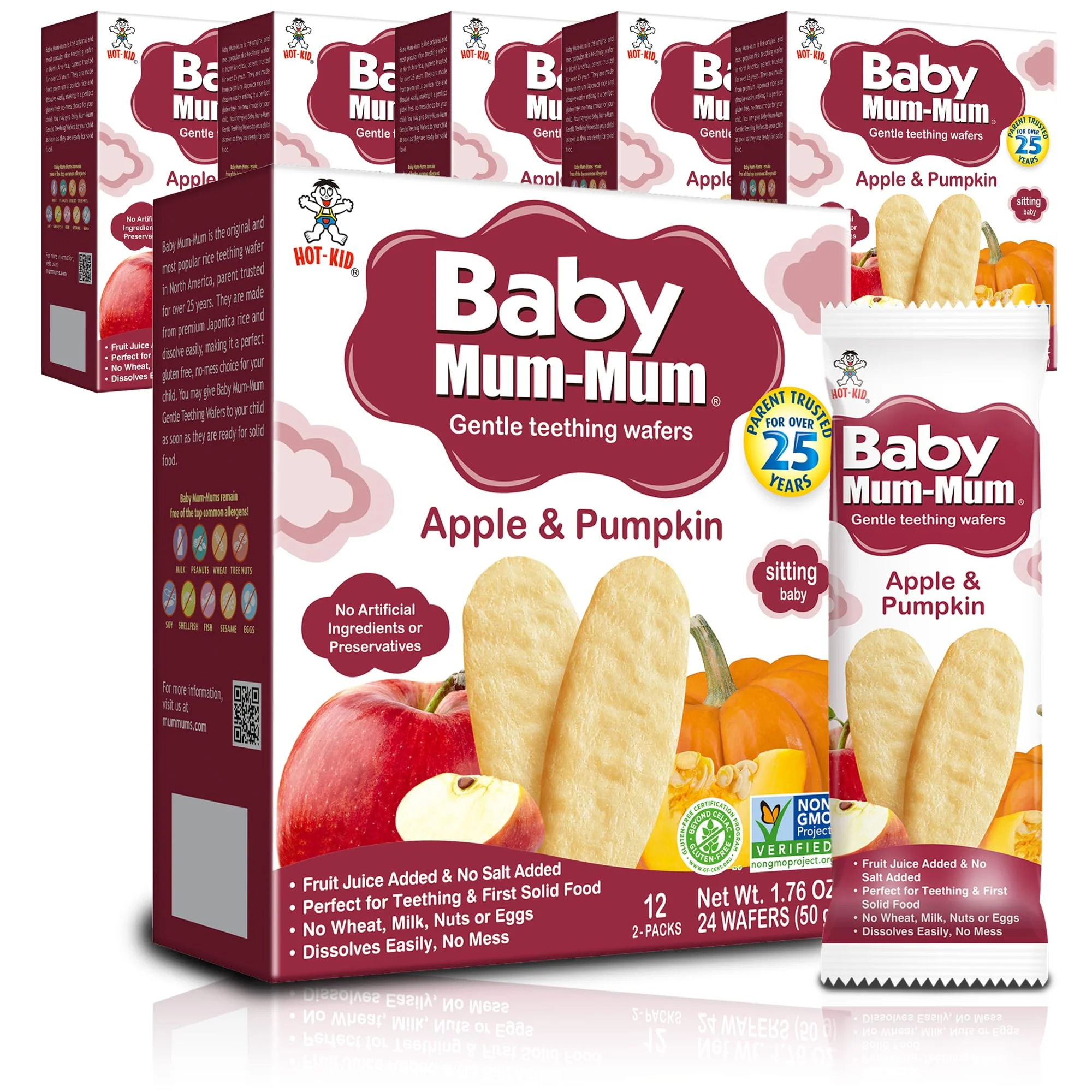 Hot-Kid Baby Mum-Mum Rice Rusks, Apple & Pumpkin, 24 Pieces (Pack of 6) Gluten Free, Allergen Free, Non-GMO, Rice Teether Cookie for Teething Infants