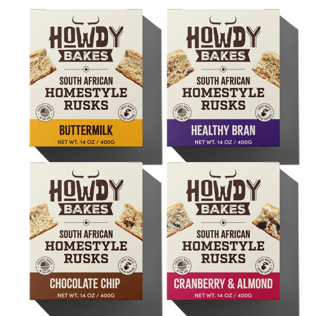 Howdy Homestyle South African Rusks (Pack of 4) - Double Baked Biscuits w/Buttermilk, Healthy Bran, Cranberry & Almond & Chocolate Chip - Preservative Free Sweet, Crispy Treats For Tea & Coffee